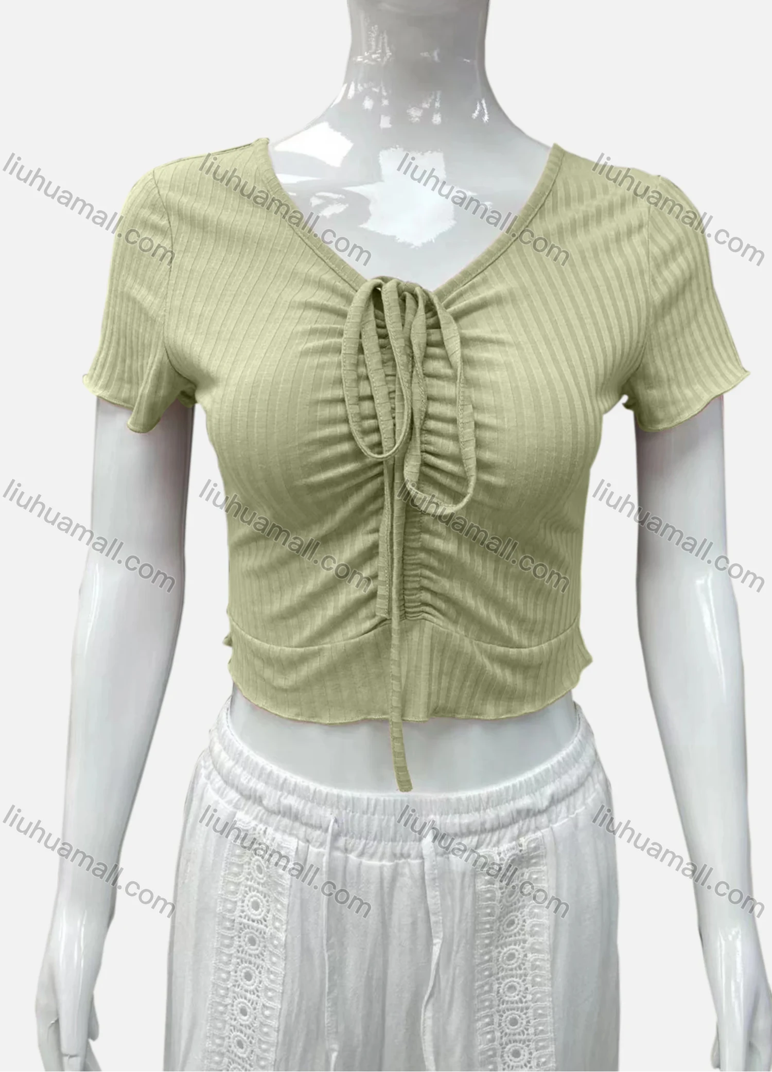 Wholesale Women's Casual V Neck Short Sleeve Drawsting Front Plain Crop Top - Liuhuamall