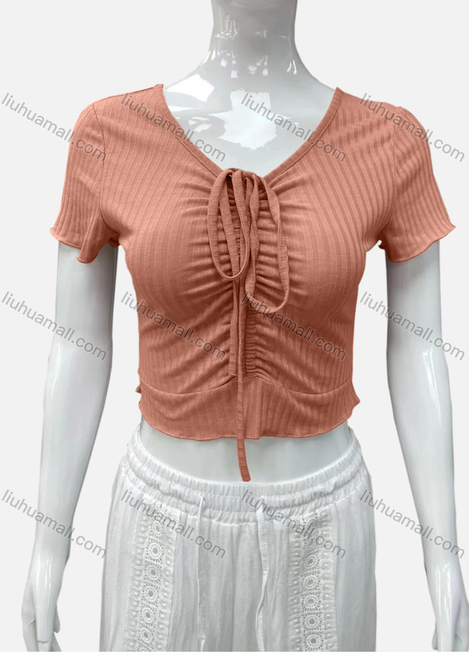 Wholesale Women's Casual V Neck Short Sleeve Drawsting Front Plain Crop Top - Liuhuamall