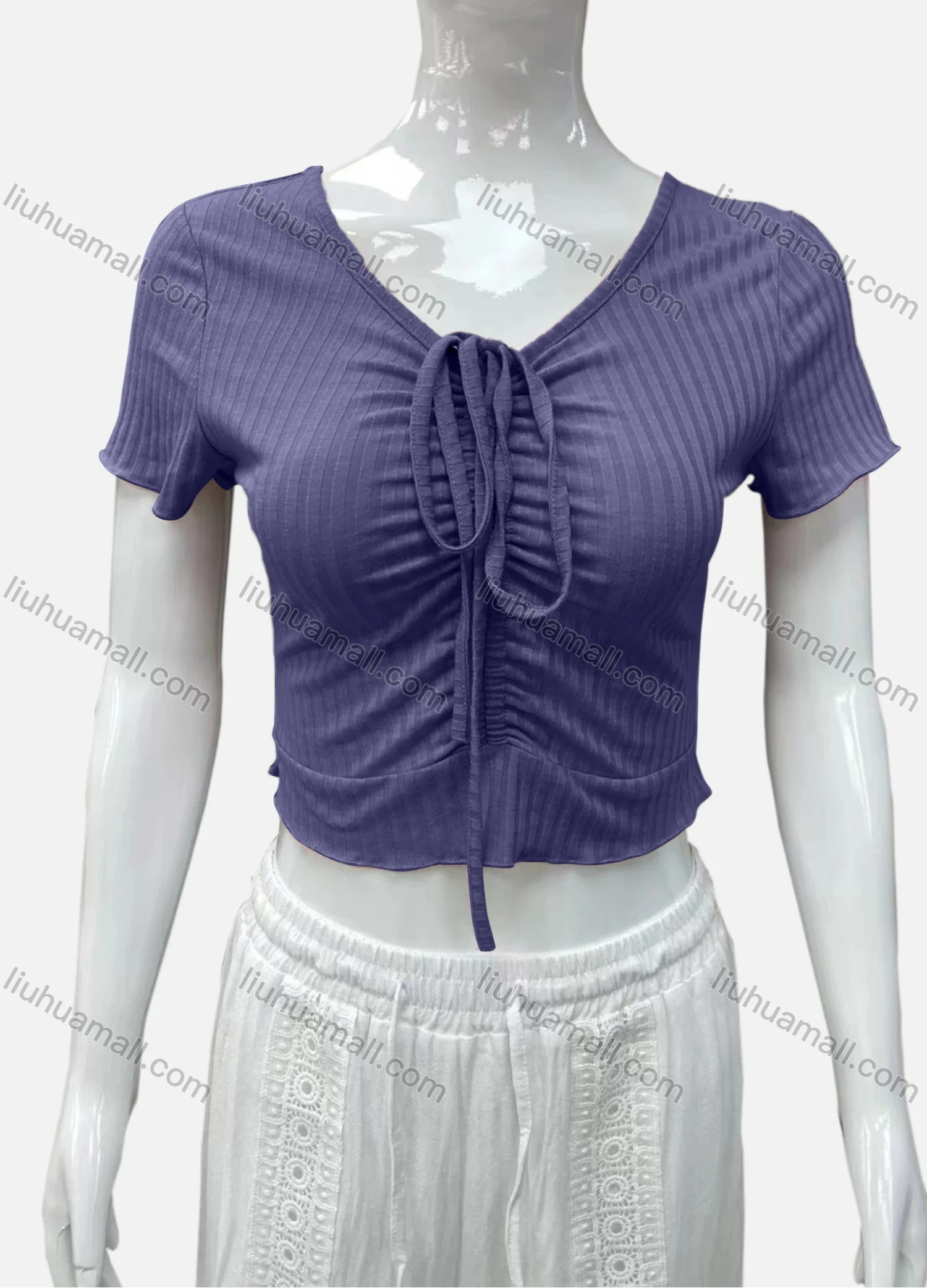 Wholesale Women's Casual V Neck Short Sleeve Drawsting Front Plain Crop Top - Liuhuamall