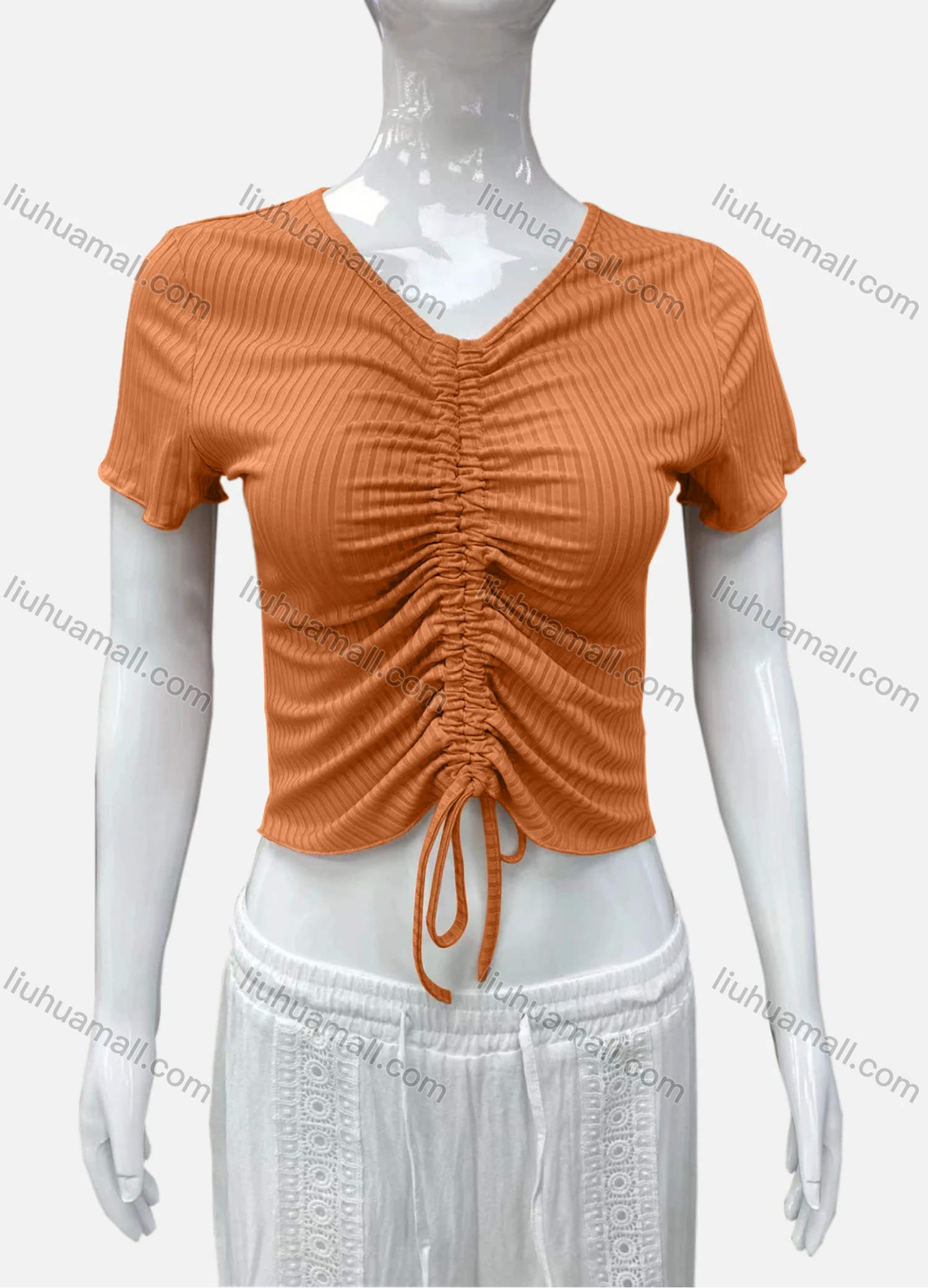 Wholesale Women's Casual V Neck Short Sleeve Drawstring Front Plain Crop Top - Liuhuamall