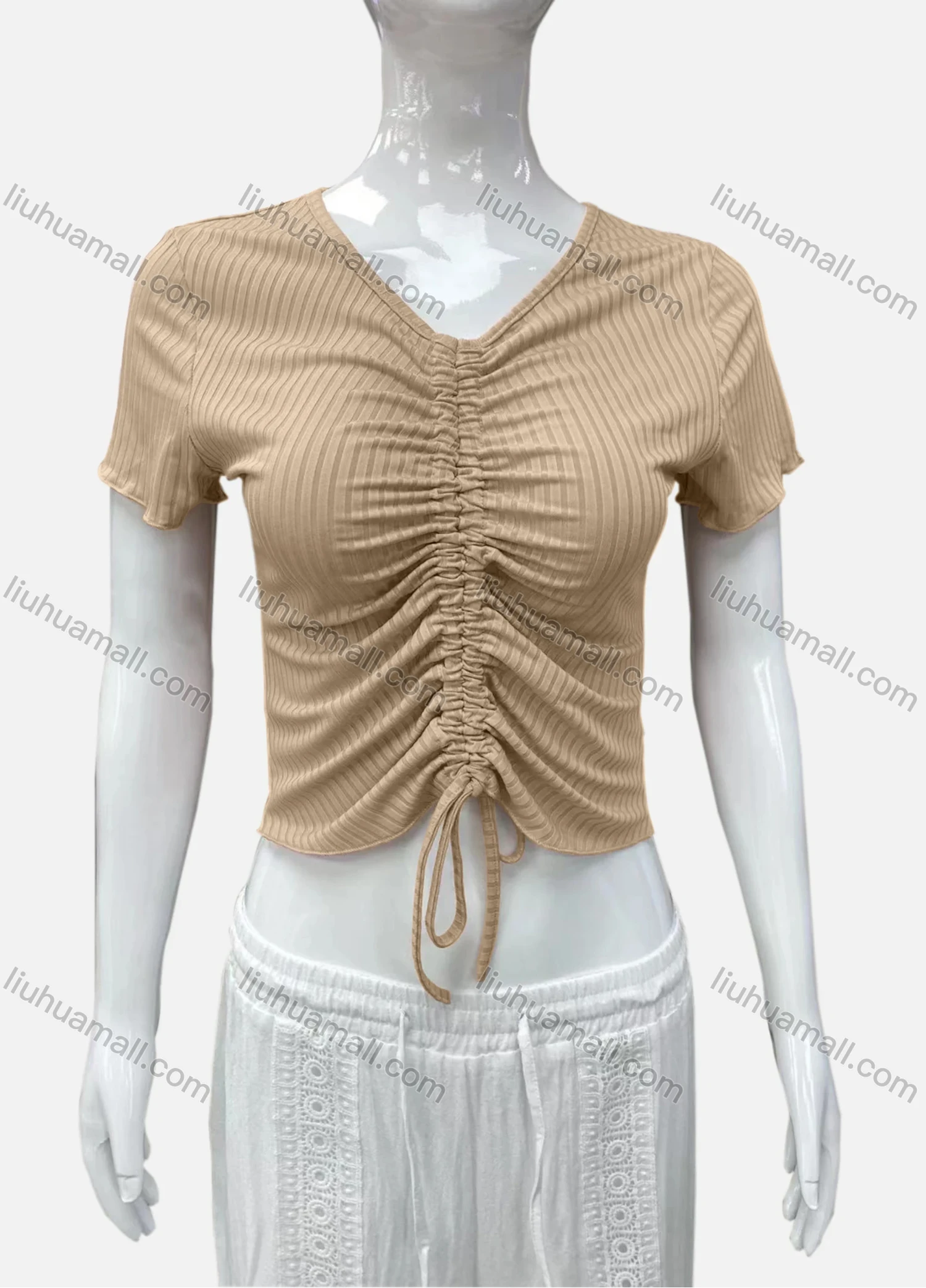 Wholesale Women's Casual V Neck Short Sleeve Drawstring Front Plain Crop Top - Liuhuamall