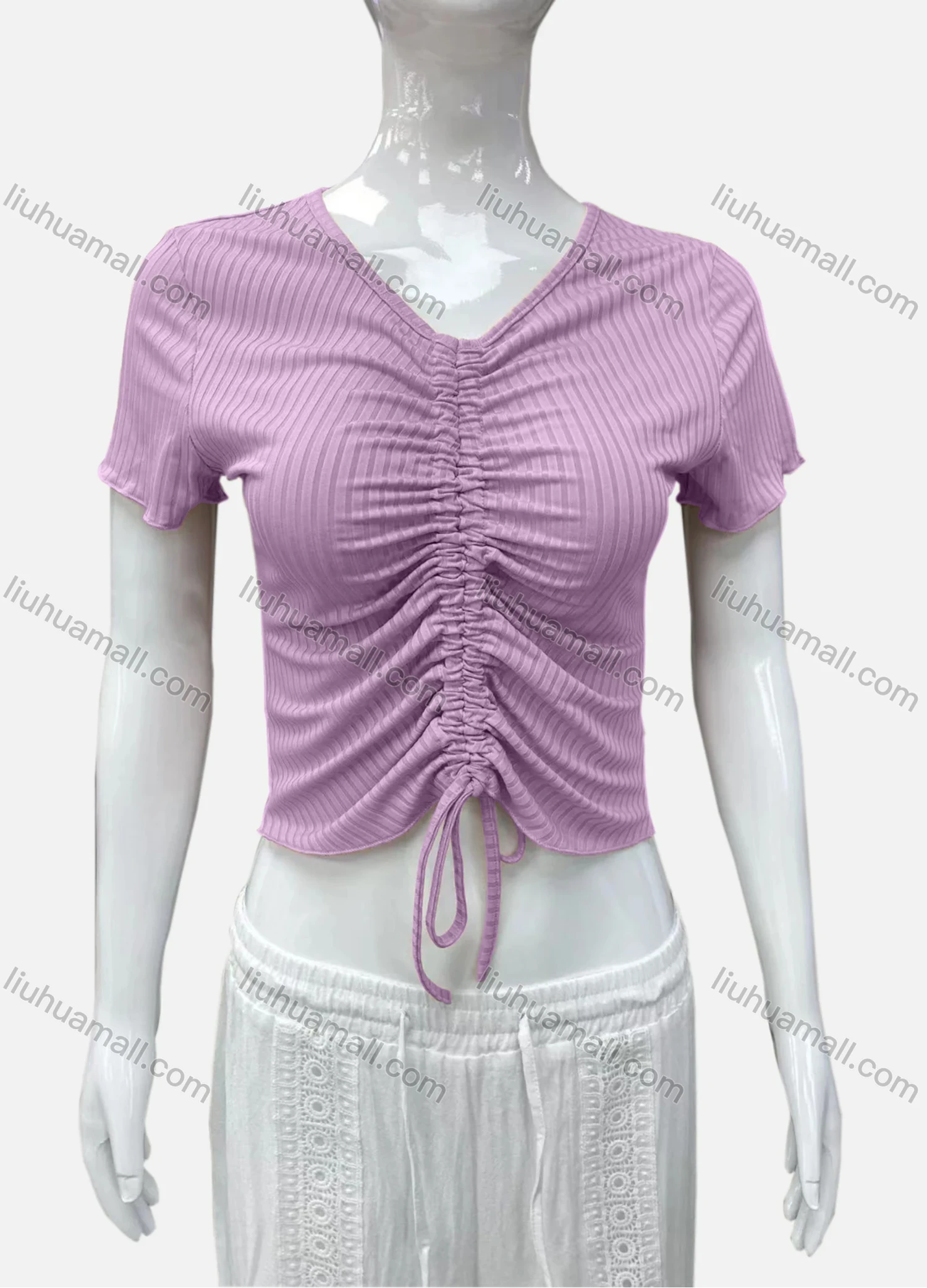 Wholesale Women's Casual V Neck Short Sleeve Drawstring Front Plain Crop Top - Liuhuamall