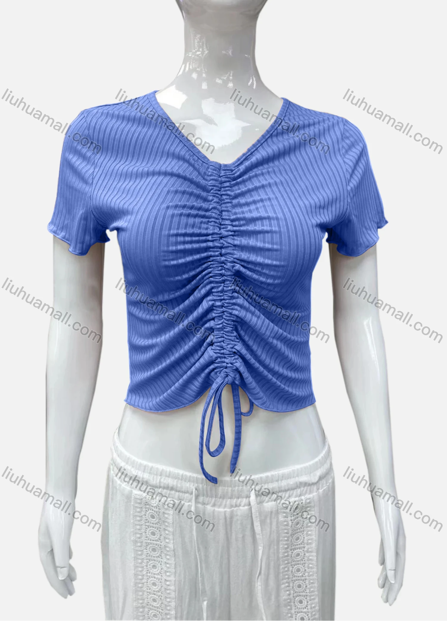 Wholesale Women's Casual V Neck Short Sleeve Drawstring Front Plain Crop Top - Liuhuamall