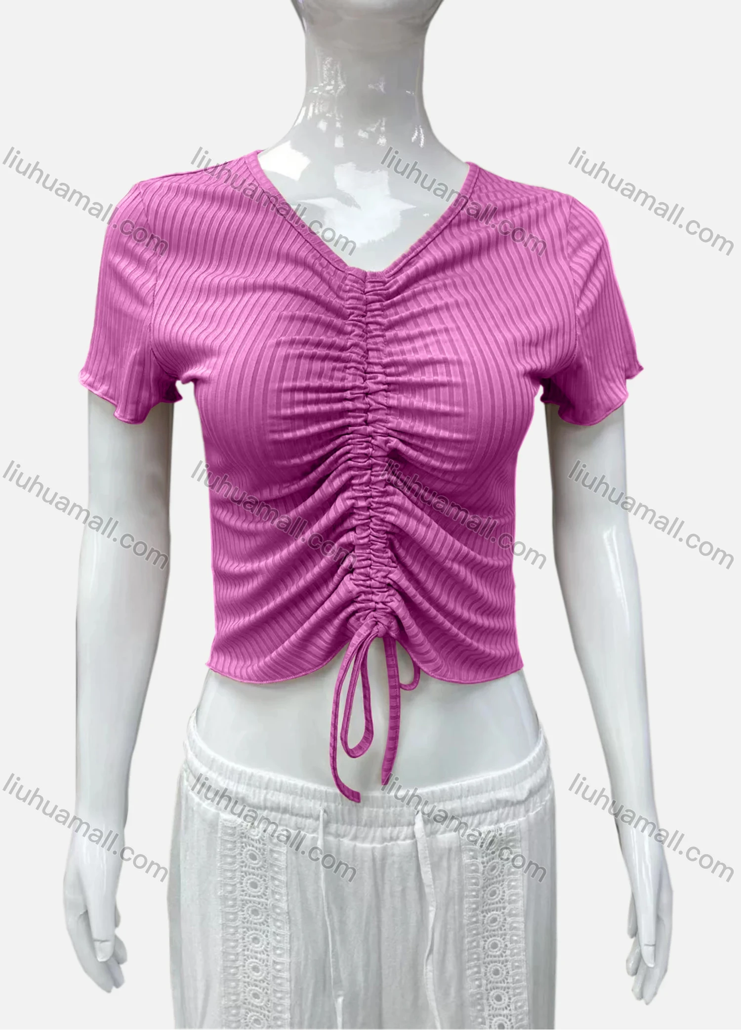 Wholesale Women's Casual V Neck Short Sleeve Drawstring Front Plain Crop Top - Liuhuamall