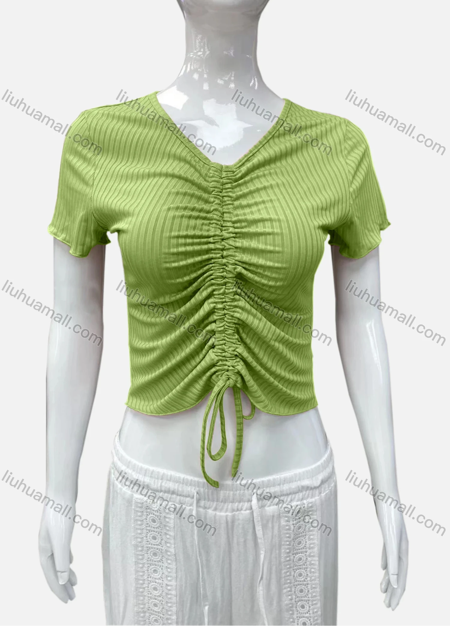 Wholesale Women's Casual V Neck Short Sleeve Drawstring Front Plain Crop Top - Liuhuamall