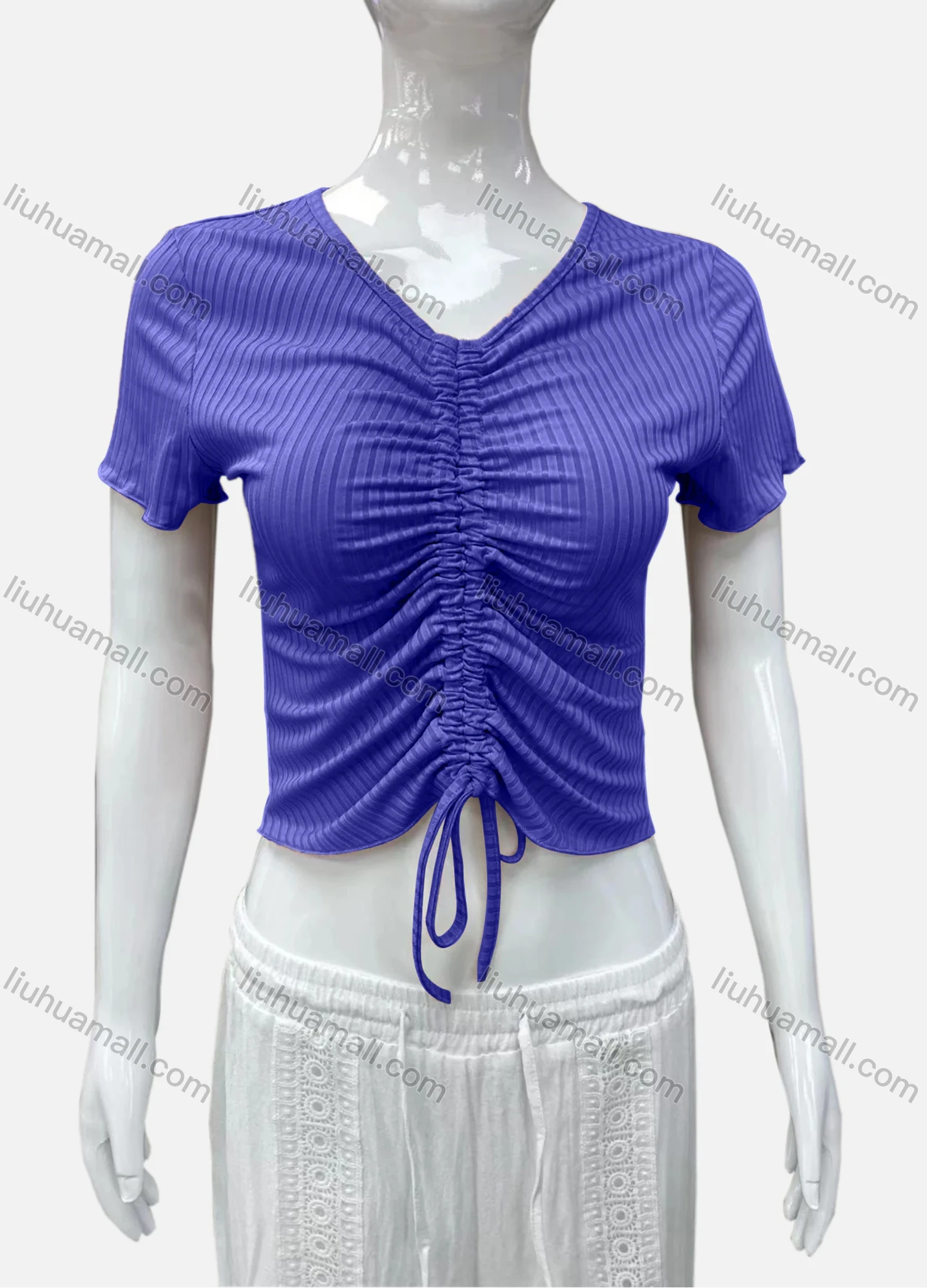 Wholesale Women's Casual V Neck Short Sleeve Drawstring Front Plain Crop Top - Liuhuamall