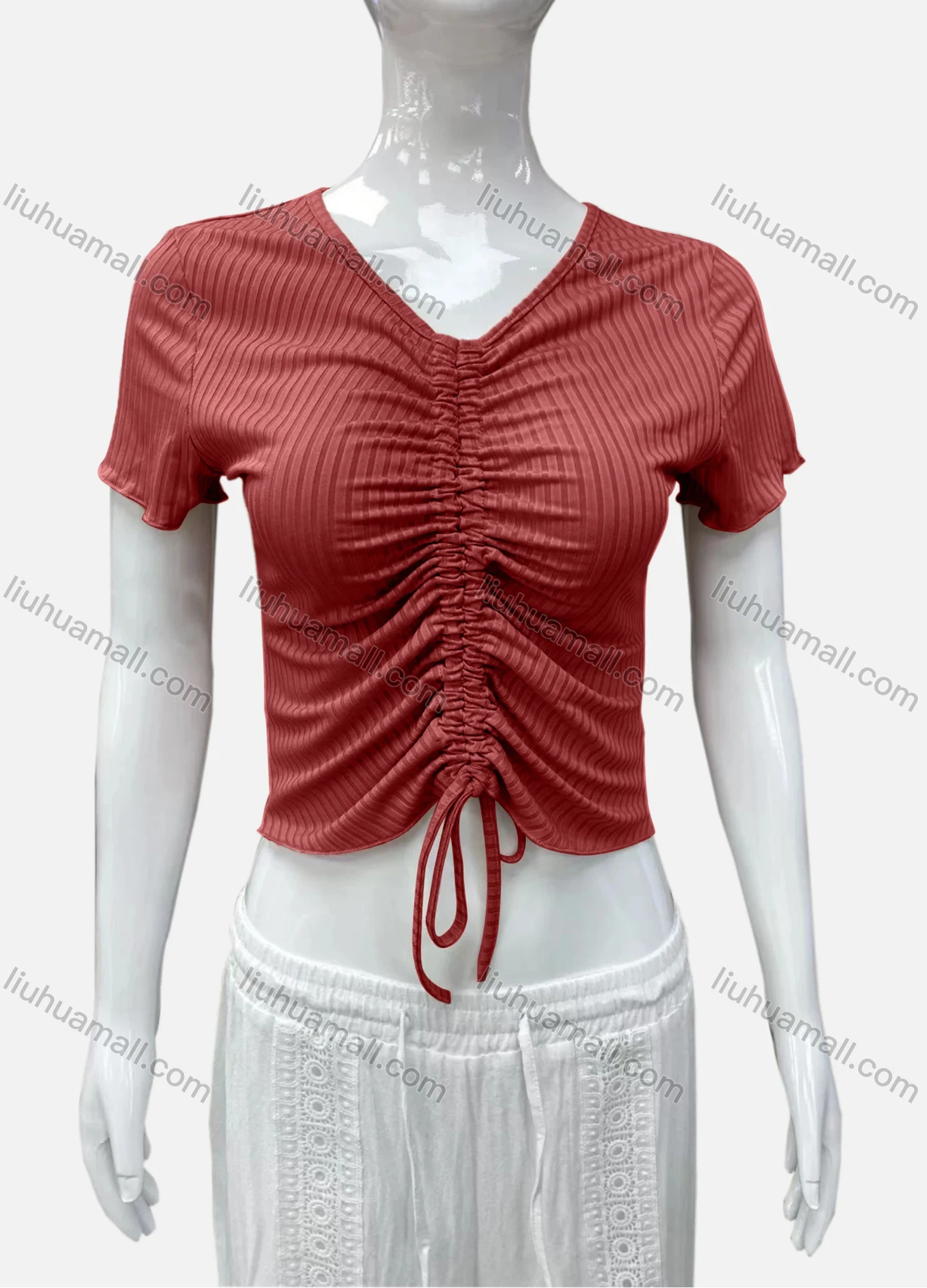 Wholesale Women's Casual V Neck Short Sleeve Drawstring Front Plain Crop Top - Liuhuamall
