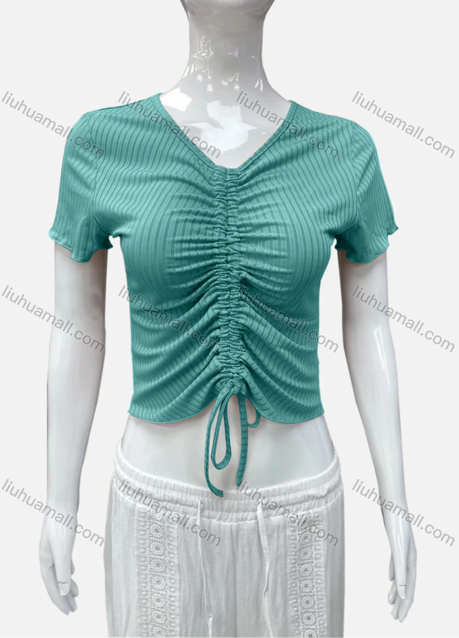 Wholesale Women's Casual V Neck Short Sleeve Drawstring Front Plain Crop Top - Liuhuamall