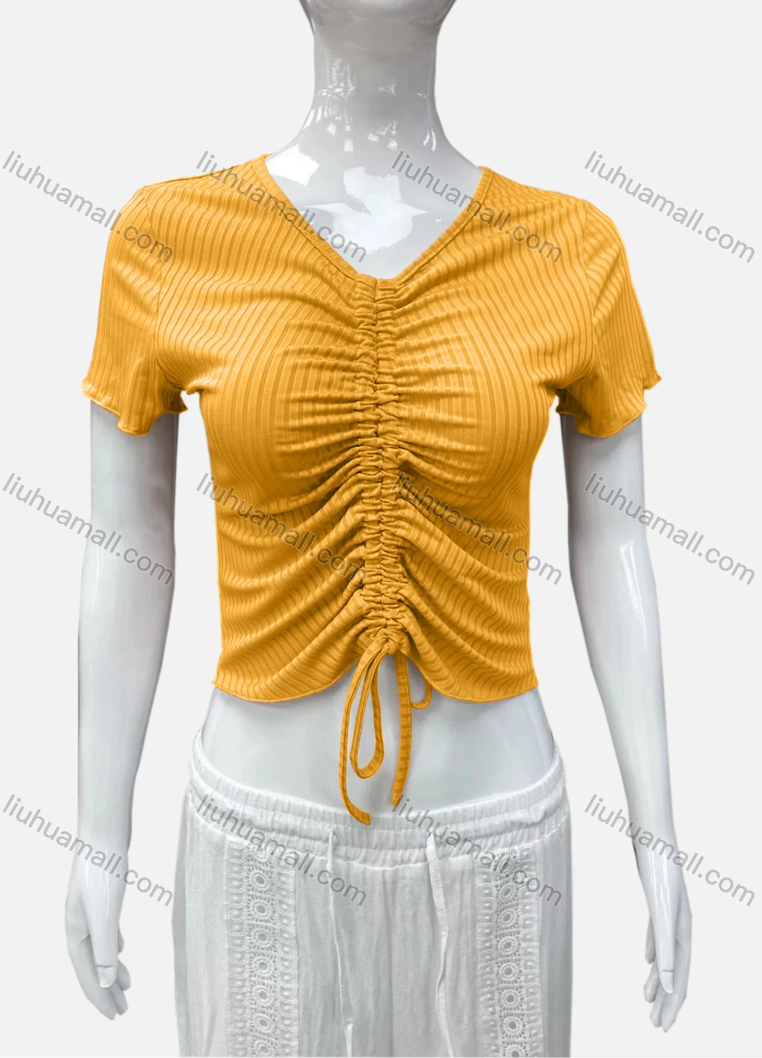 Wholesale Women's Casual V Neck Short Sleeve Drawstring Front Plain Crop Top - Liuhuamall