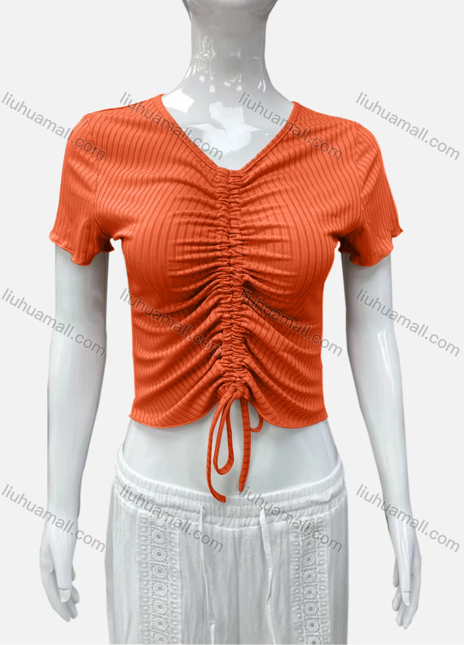 Wholesale Women's Casual V Neck Short Sleeve Drawstring Front Plain Crop Top - Liuhuamall