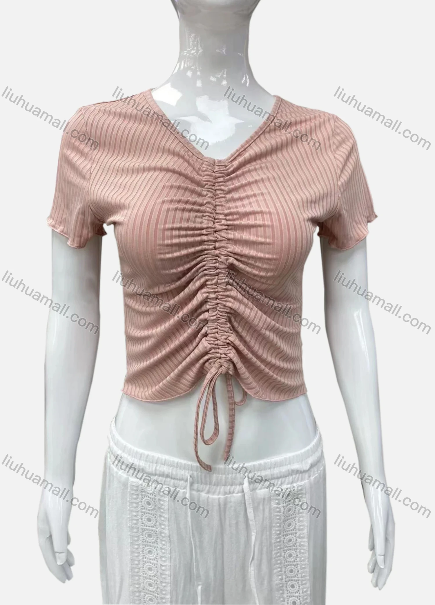 Wholesale Women's Casual V Neck Short Sleeve Drawstring Front Plain Crop Top - Liuhuamall
