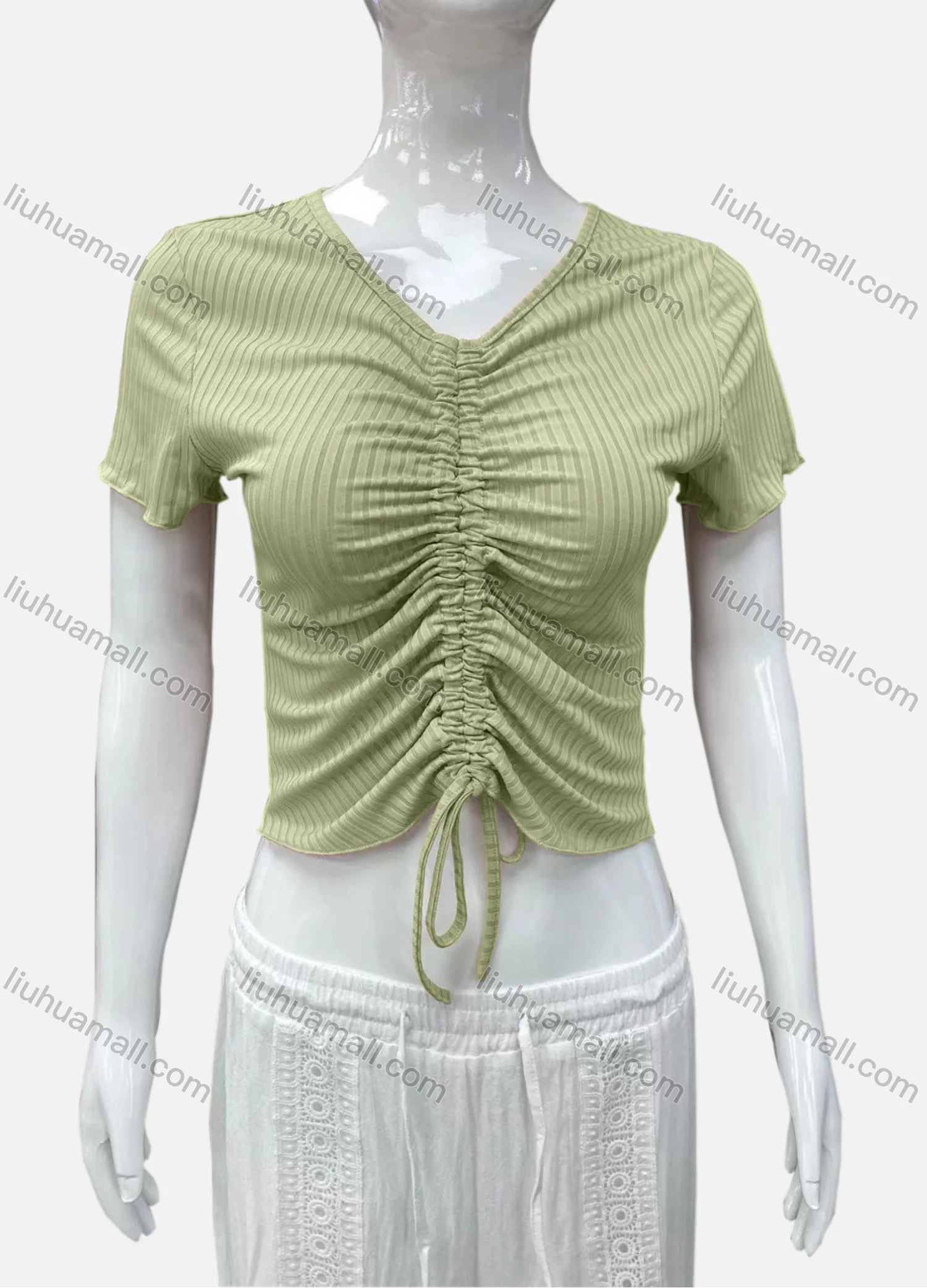 Wholesale Women's Casual V Neck Short Sleeve Drawstring Front Plain Crop Top - Liuhuamall