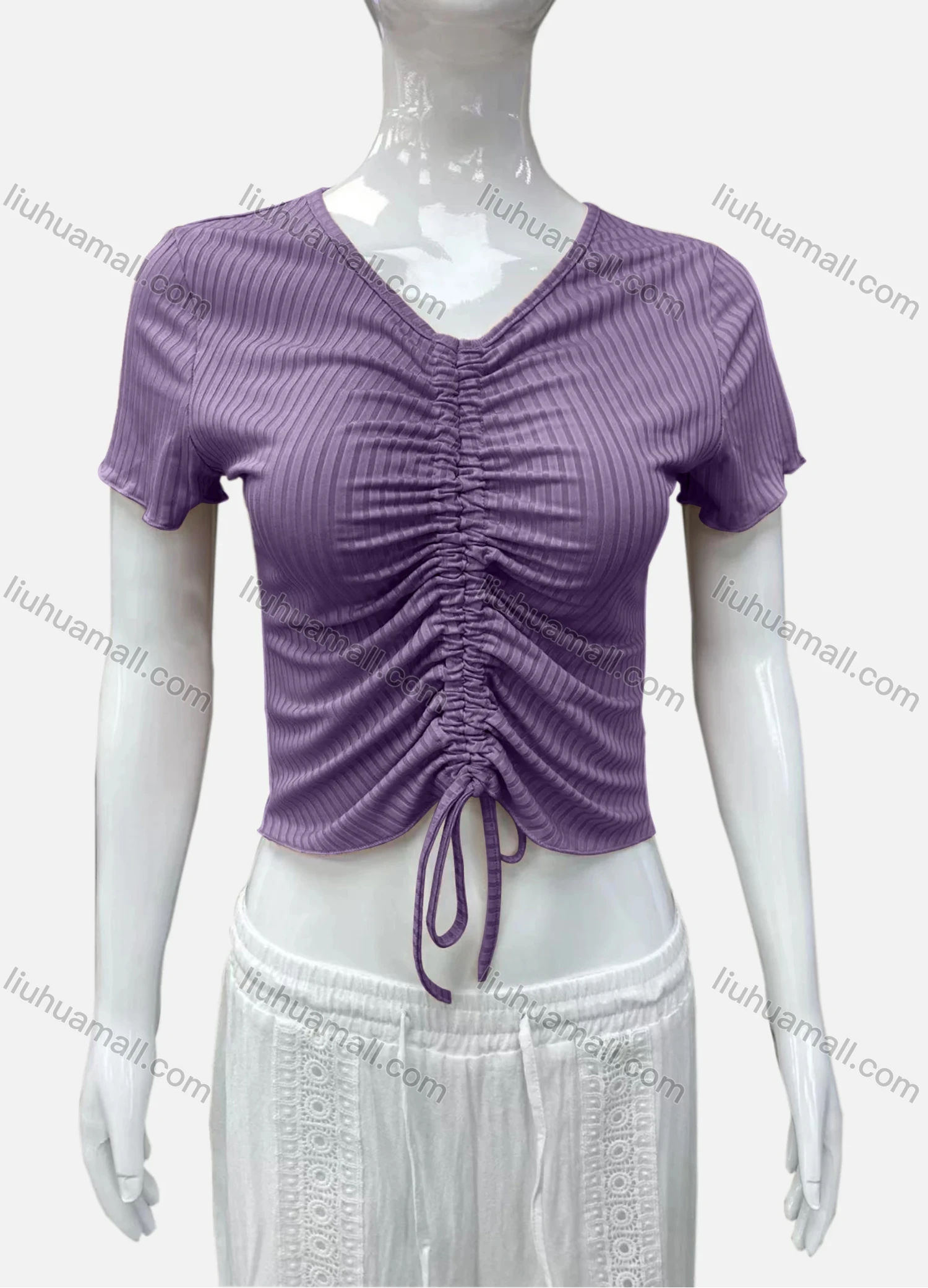 Wholesale Women's Casual V Neck Short Sleeve Drawstring Front Plain Crop Top - Liuhuamall