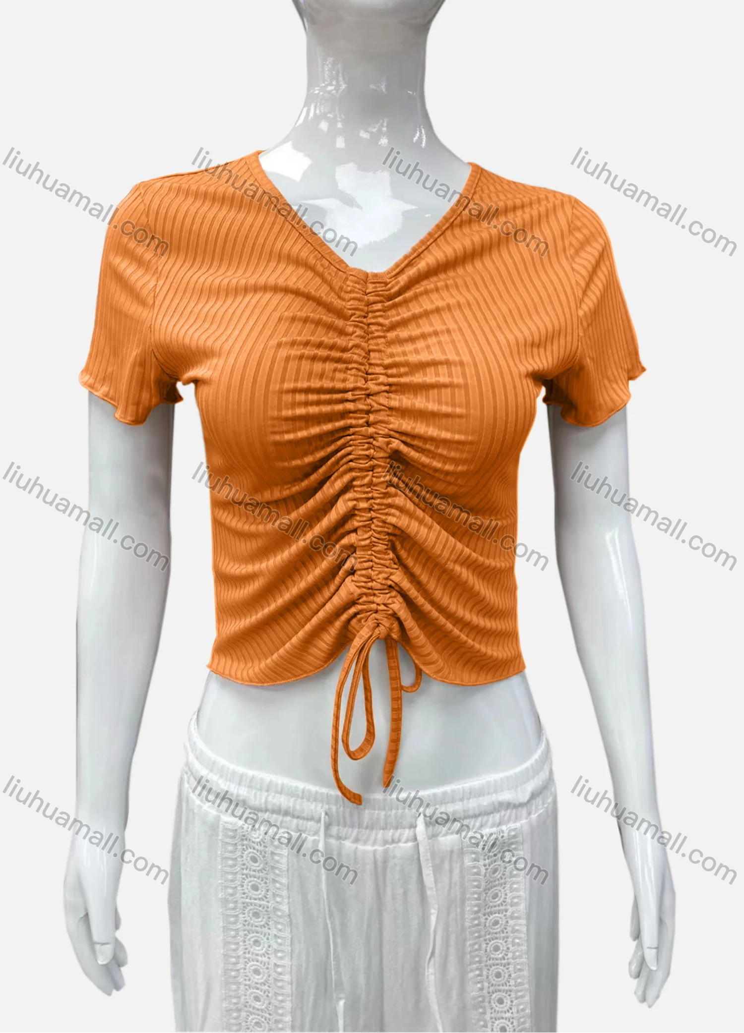 Wholesale Women's Casual V Neck Short Sleeve Drawstring Front Plain Crop Top - Liuhuamall