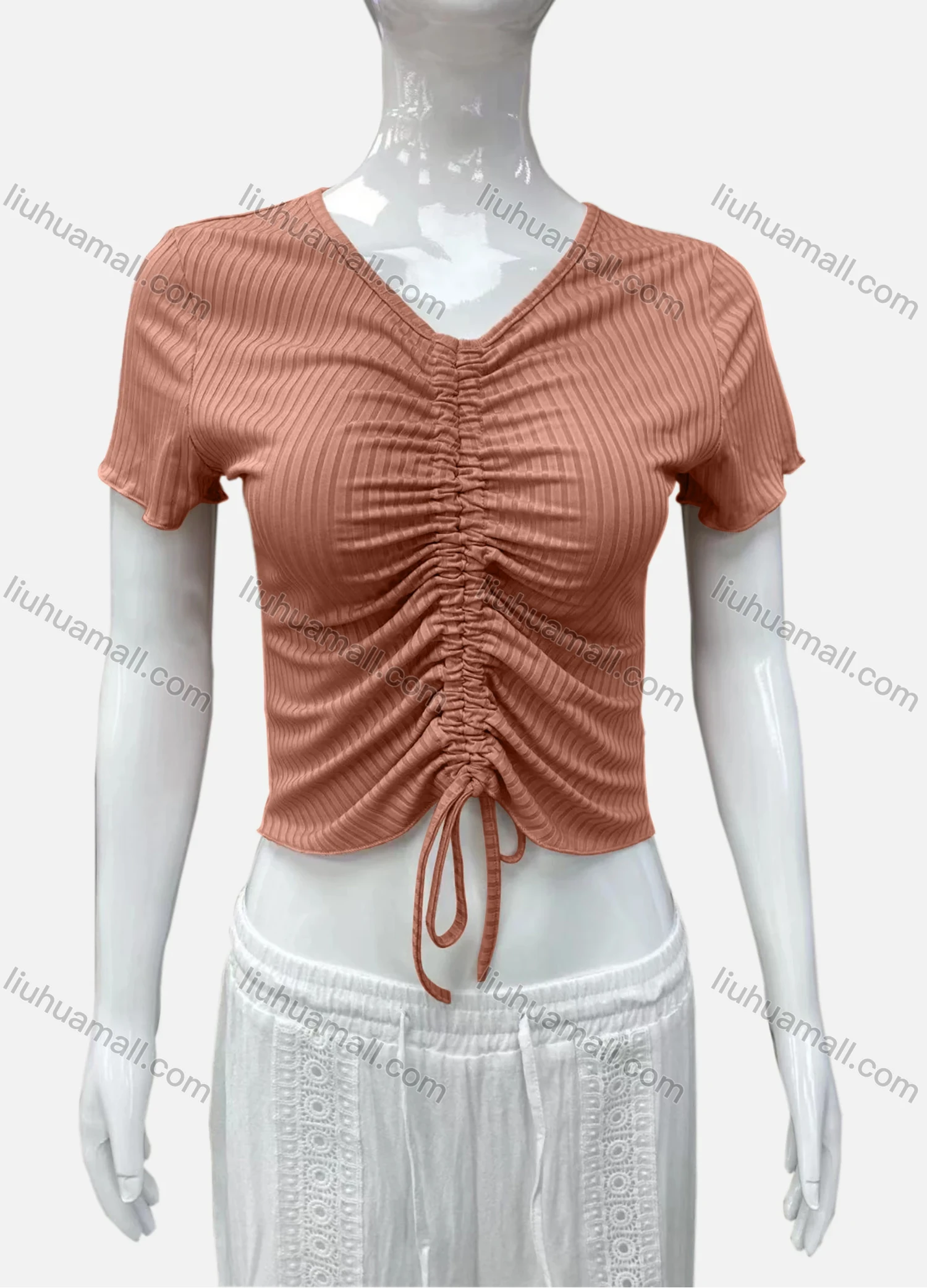 Wholesale Women's Casual V Neck Short Sleeve Drawstring Front Plain Crop Top - Liuhuamall