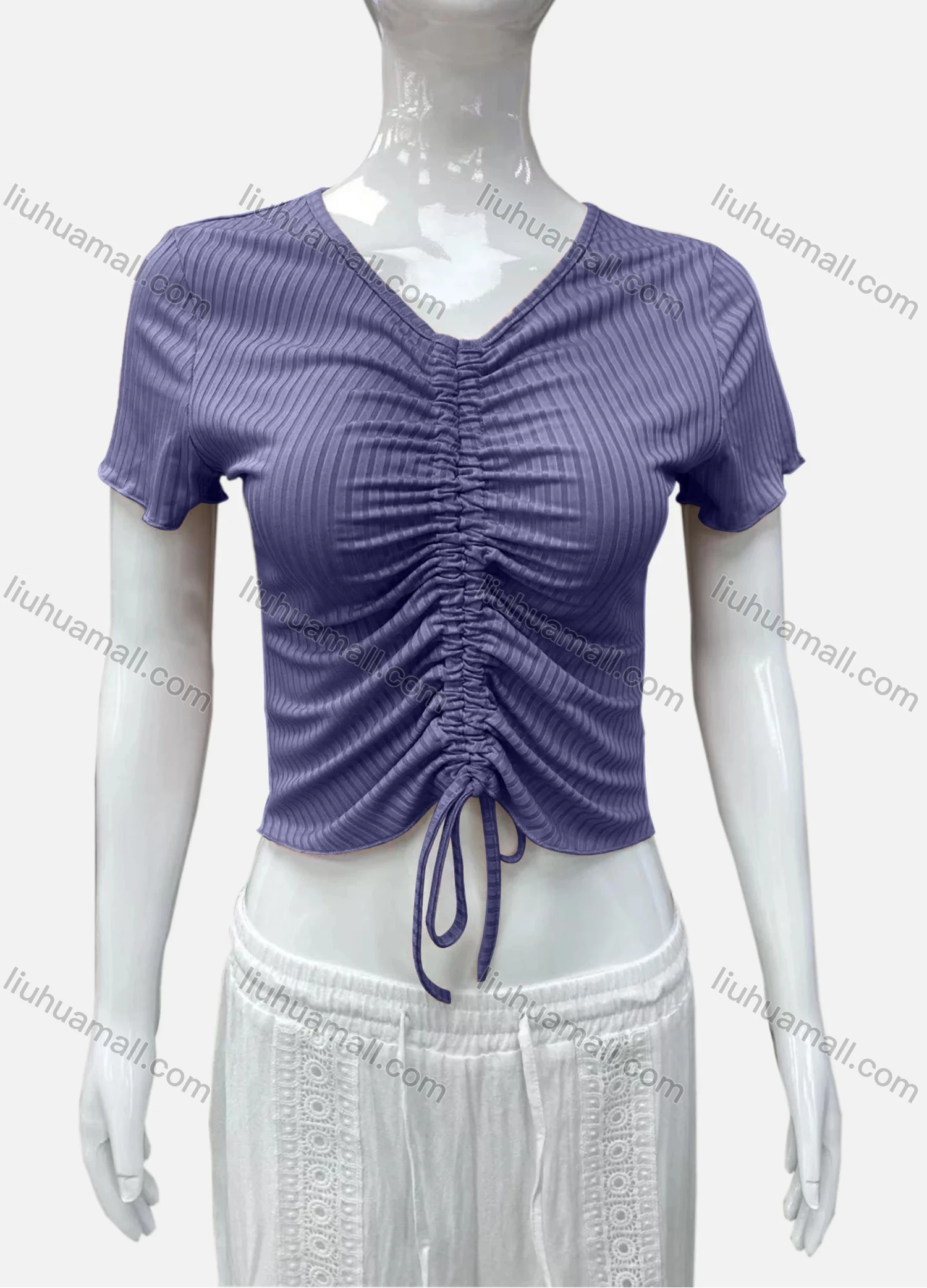 Wholesale Women's Casual V Neck Short Sleeve Drawstring Front Plain Crop Top - Liuhuamall