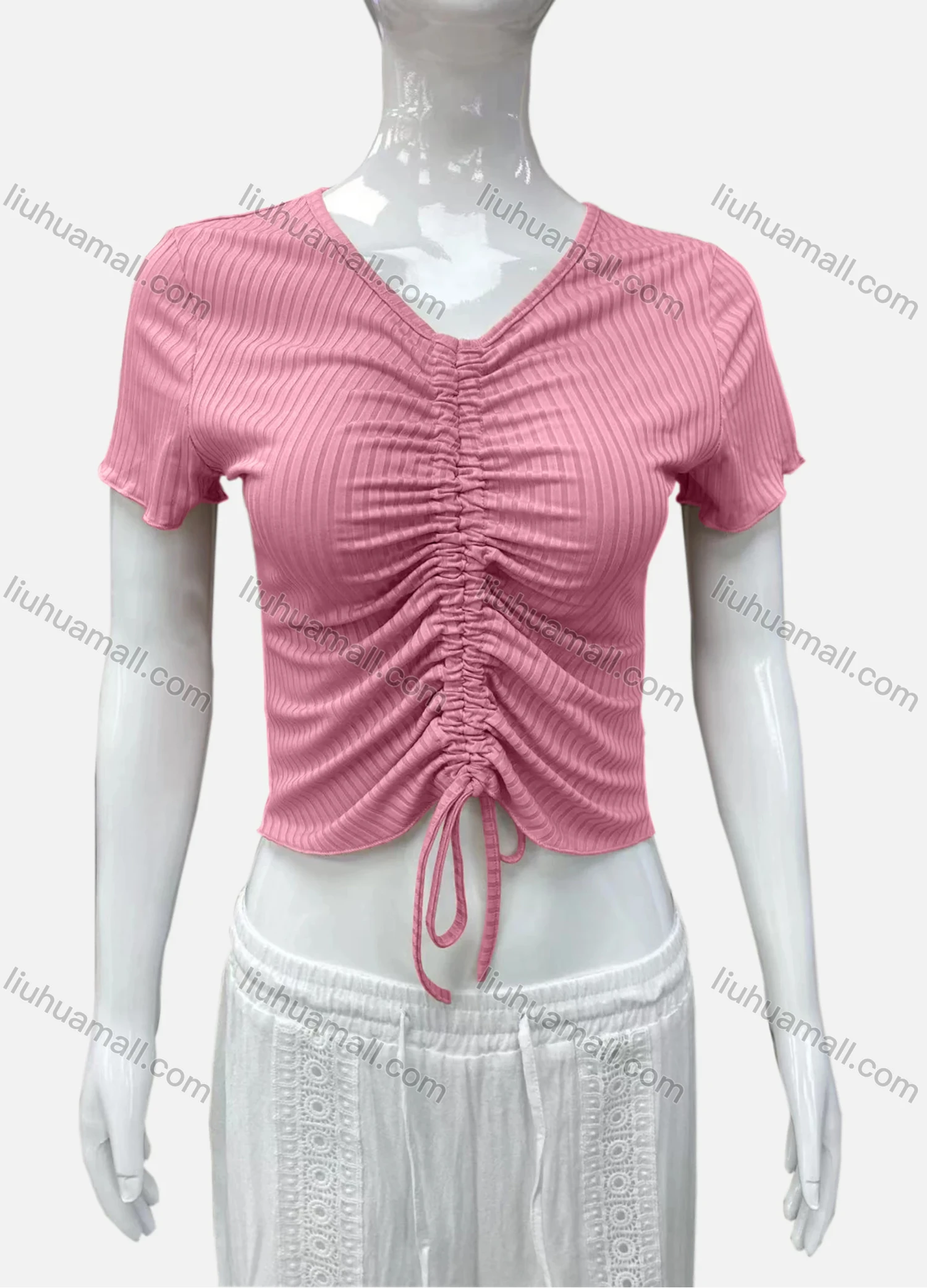 Wholesale Women's Casual V Neck Short Sleeve Drawstring Front Plain Crop Top - Liuhuamall