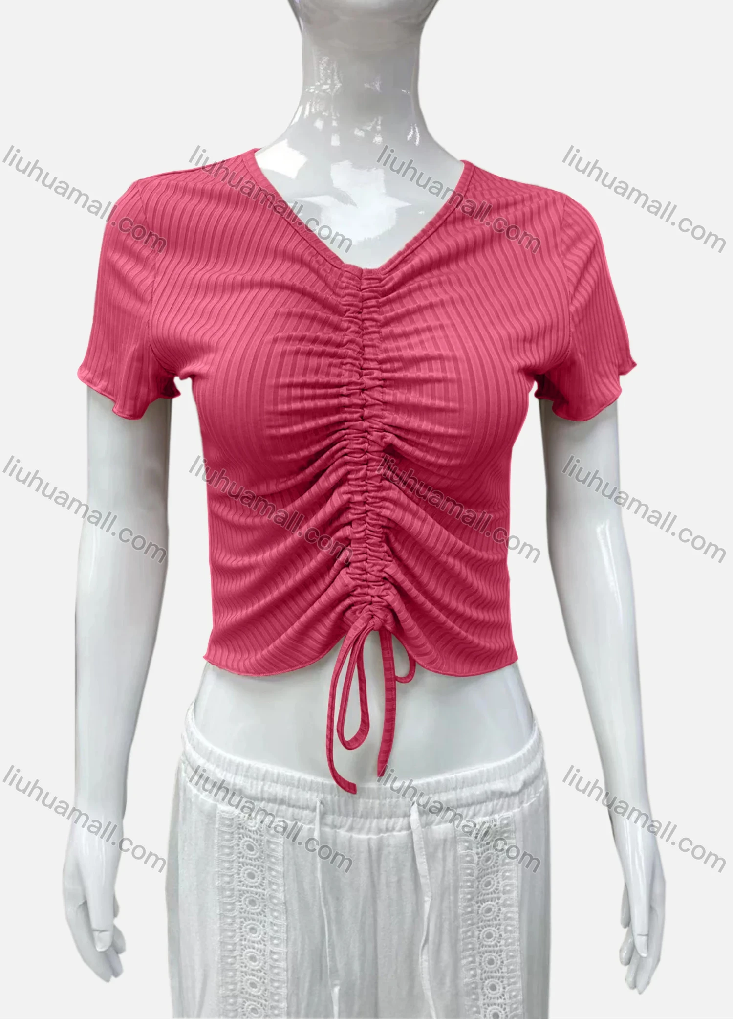 Wholesale Women's Casual V Neck Short Sleeve Drawstring Front Plain Crop Top - Liuhuamall