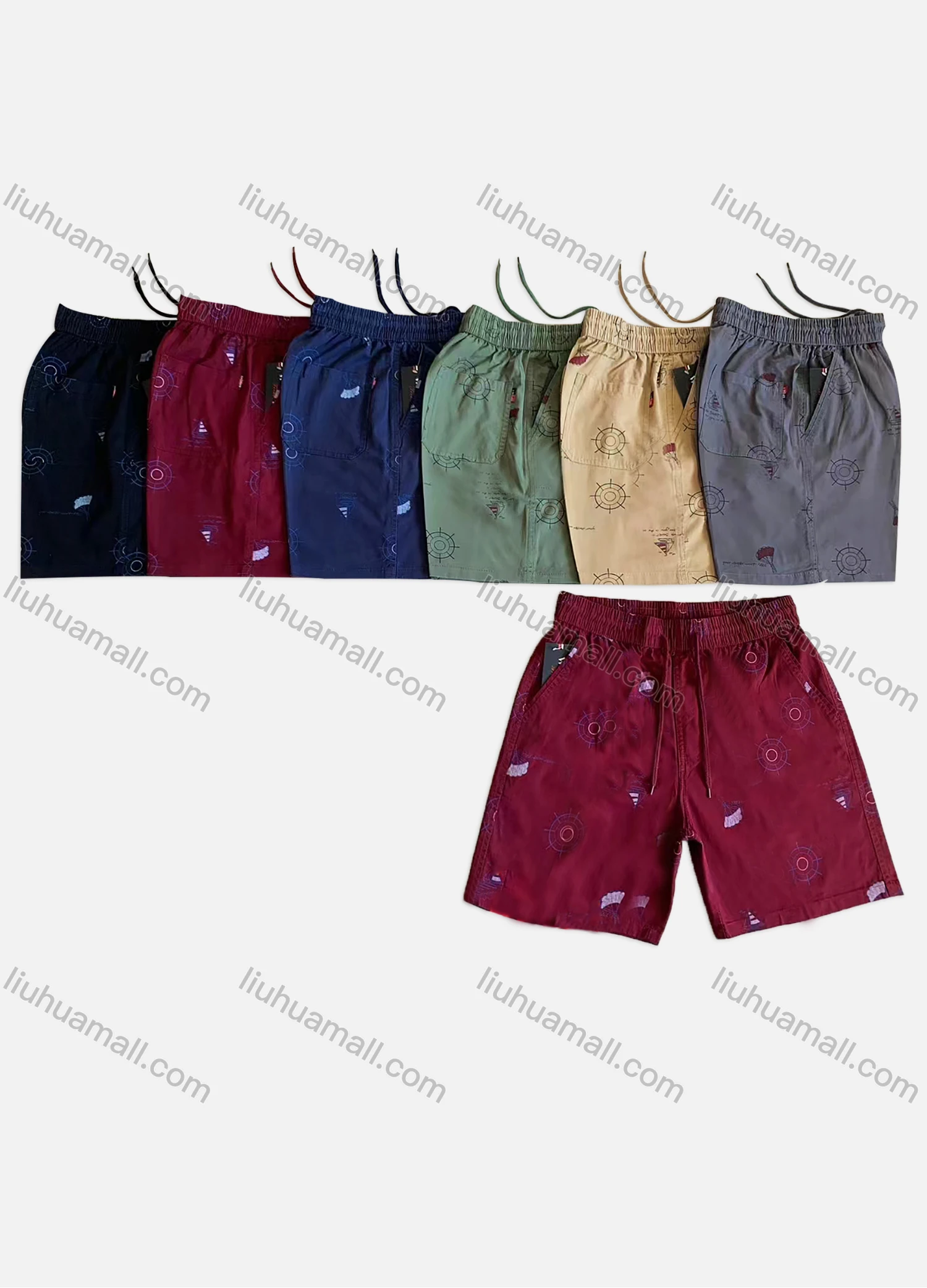 Wholesale Men's Casual Washed Allover Print Drawstring Multiple Pockets Shorts 9951# - Liuhuamall