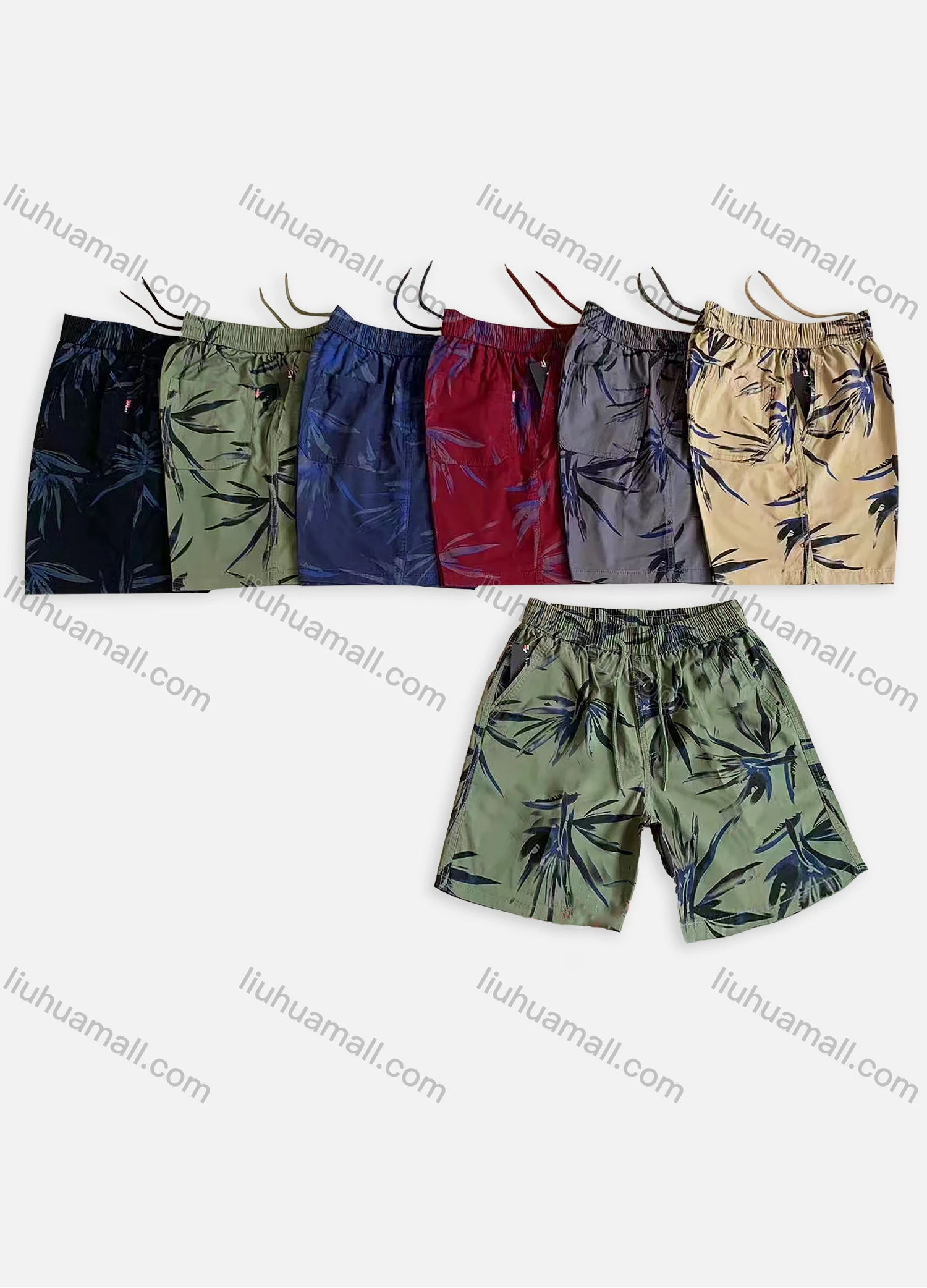 Wholesale Men's Casual Washed Allover Print Drawstring Multiple Pockets Shorts 9952# - Liuhuamall