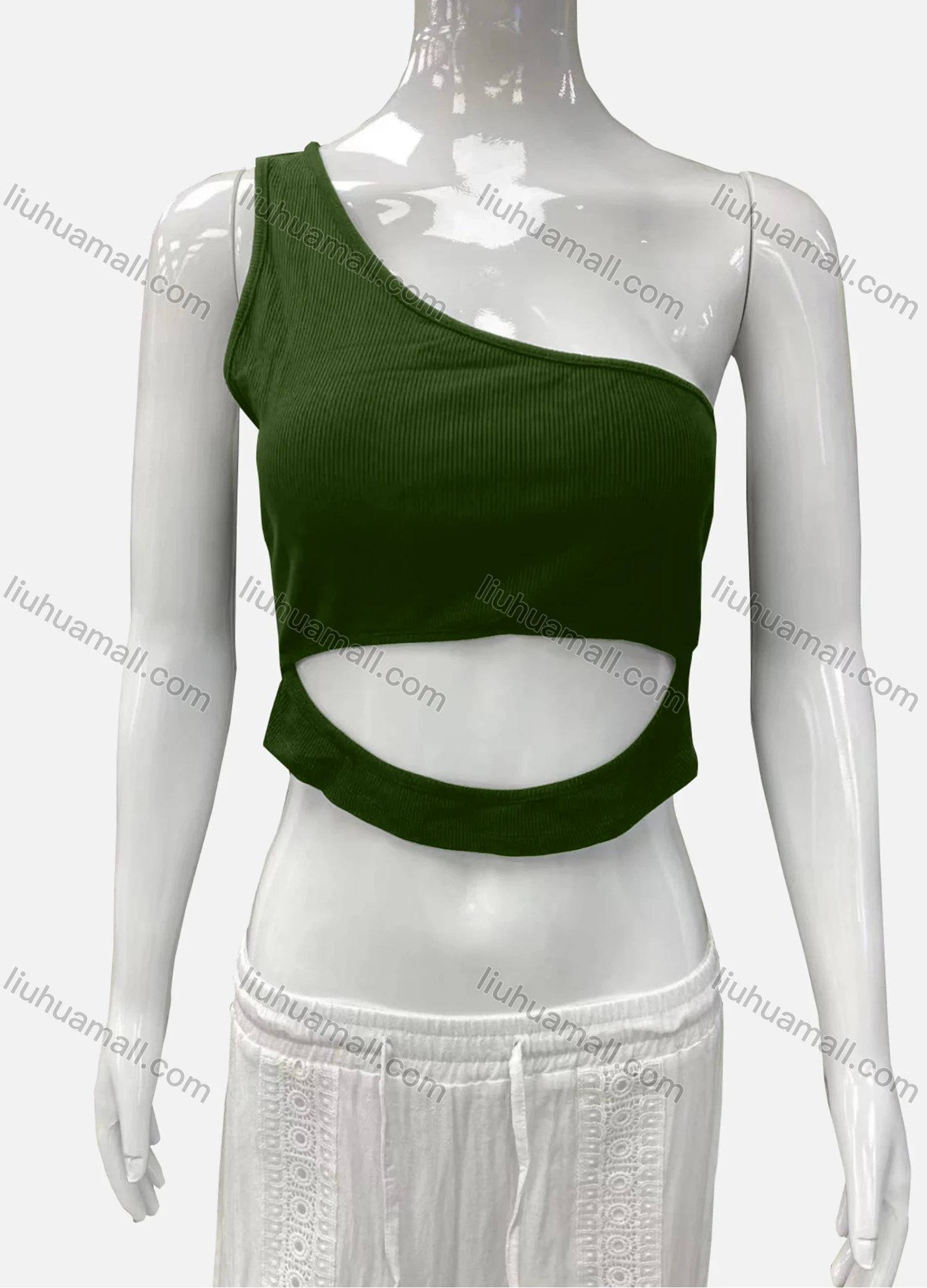 Wholesale Women's Casual One Shoulder Cutout Plain Crop Tank Top - Liuhuamall
