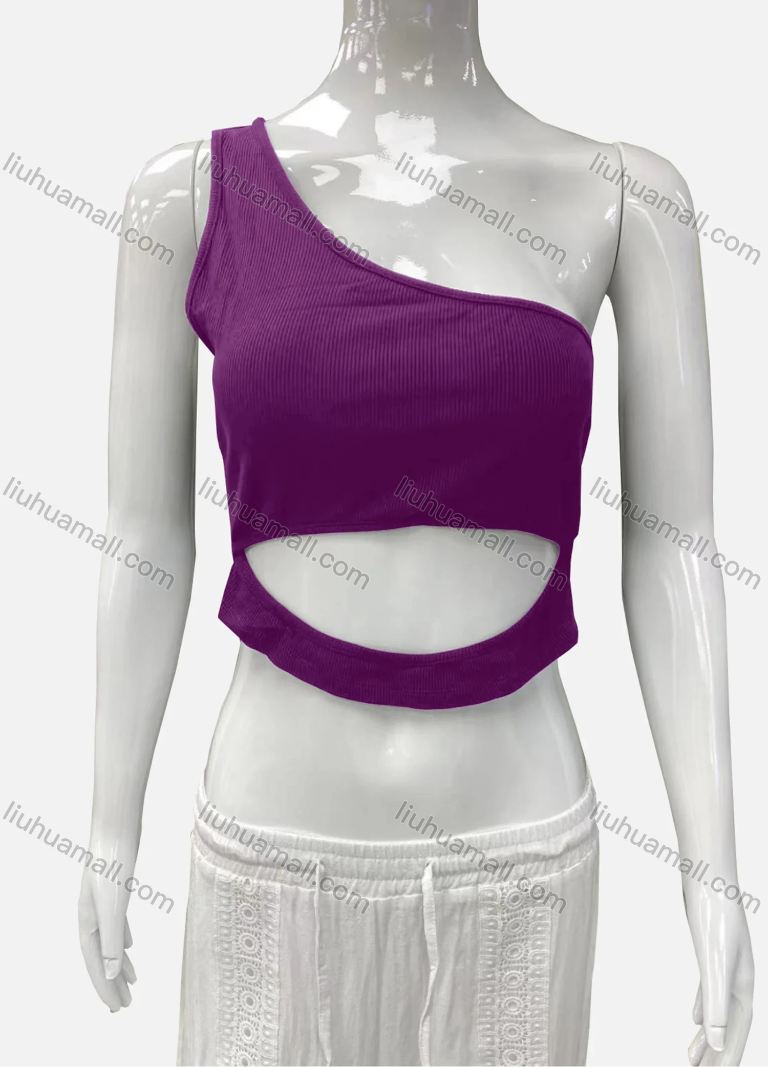 Wholesale Women's Casual One Shoulder Cutout Plain Crop Tank Top - Liuhuamall