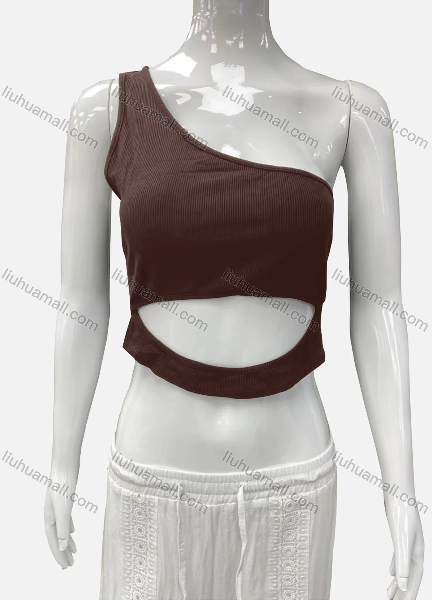 Wholesale Women's Casual One Shoulder Cutout Plain Crop Tank Top - Liuhuamall