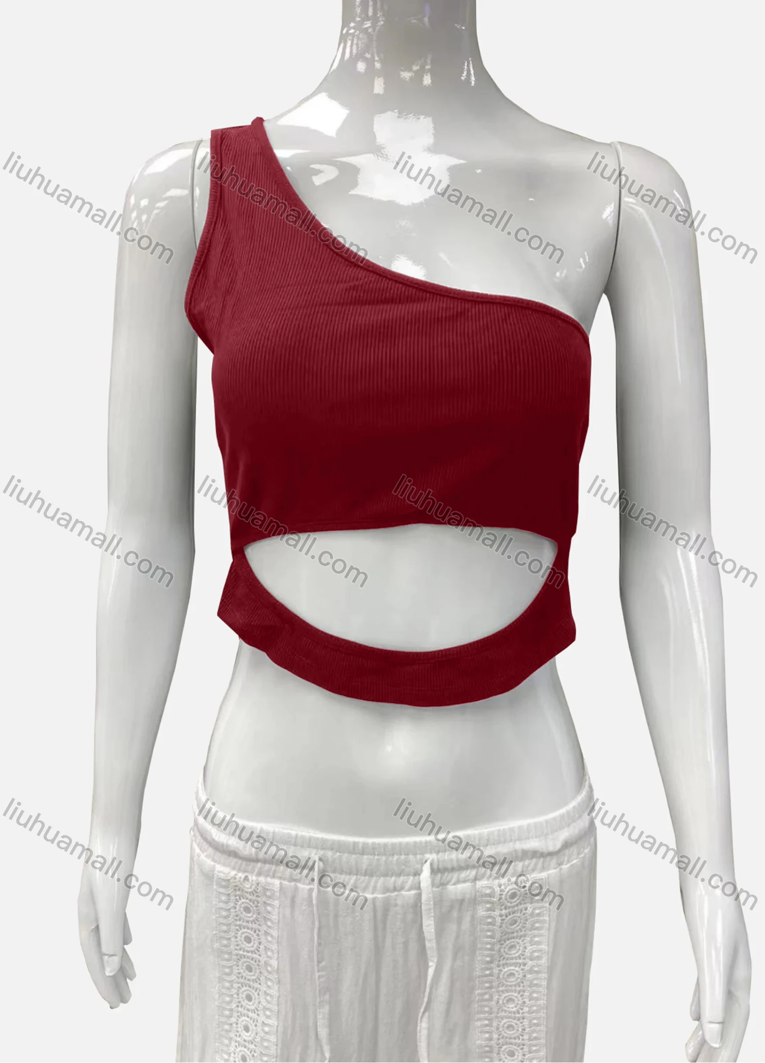 Wholesale Women's Casual One Shoulder Cutout Plain Crop Tank Top - Liuhuamall