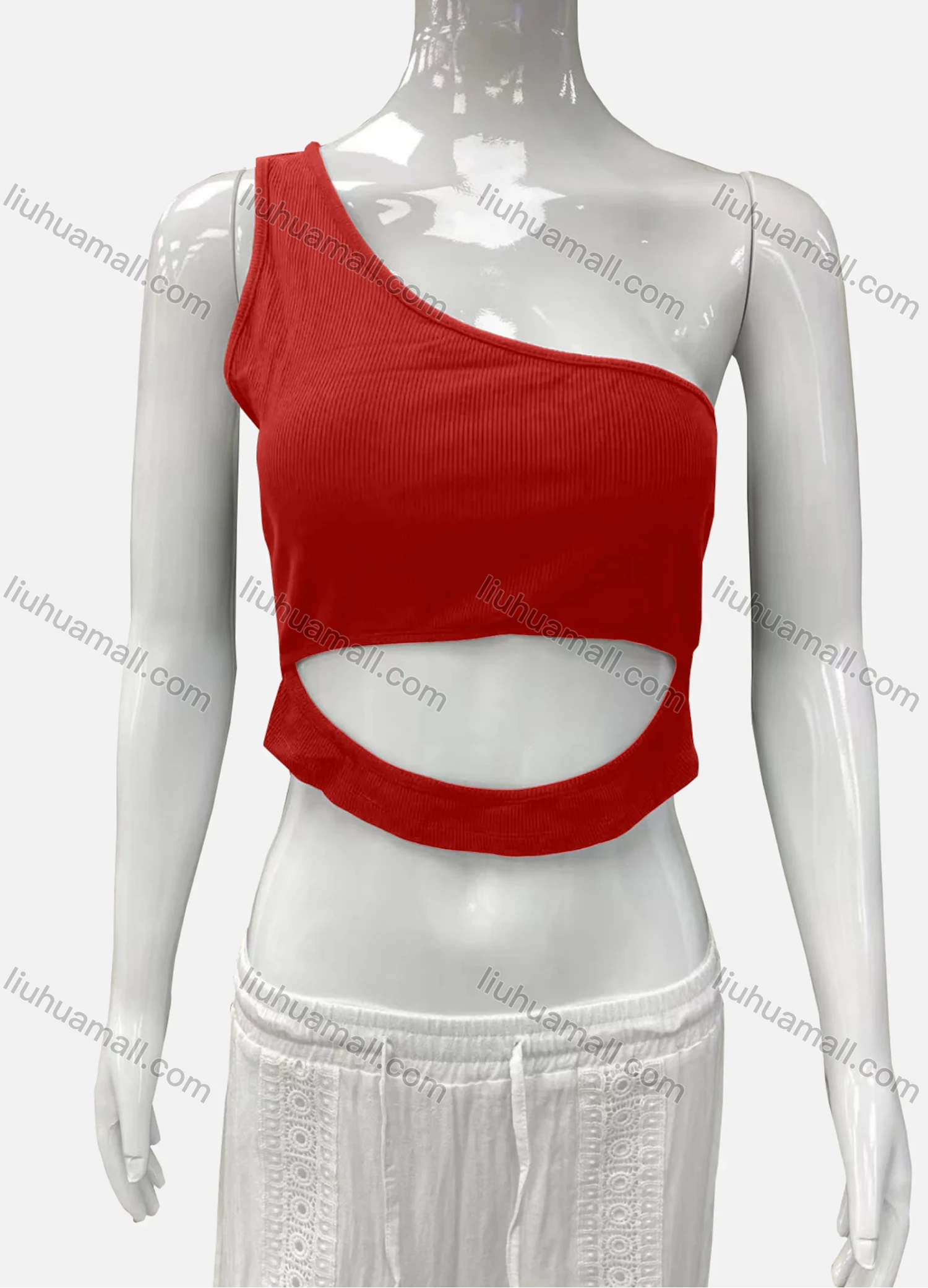Wholesale Women's Casual One Shoulder Cutout Plain Crop Tank Top - Liuhuamall