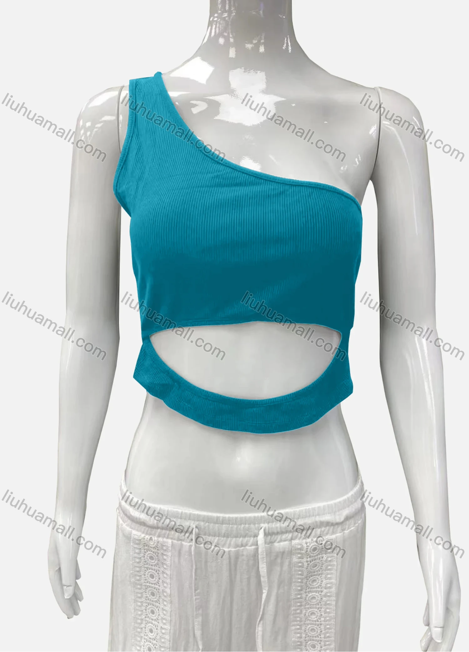 Wholesale Women's Casual One Shoulder Cutout Plain Crop Tank Top - Liuhuamall