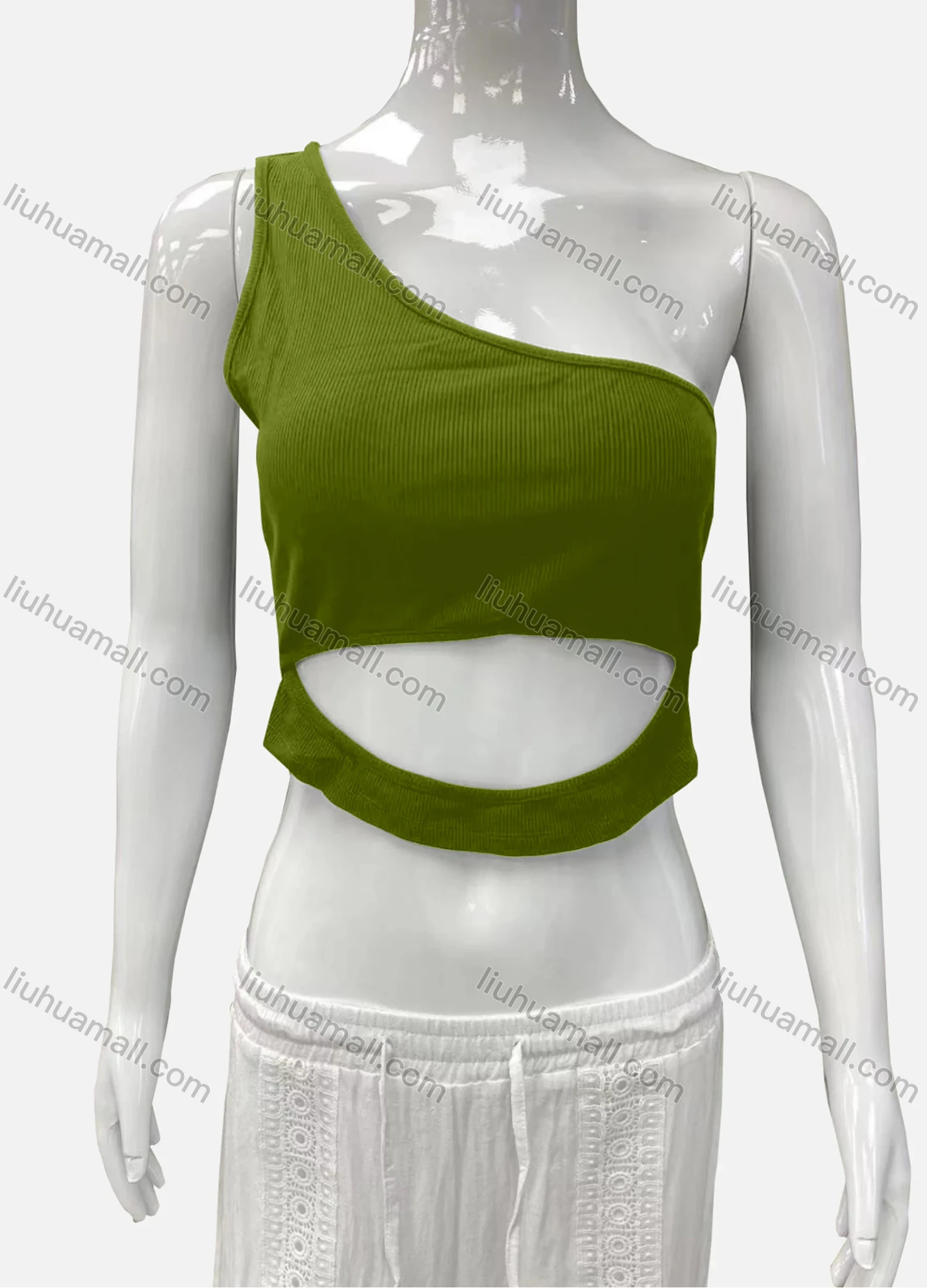 Wholesale Women's Casual One Shoulder Cutout Plain Crop Tank Top - Liuhuamall