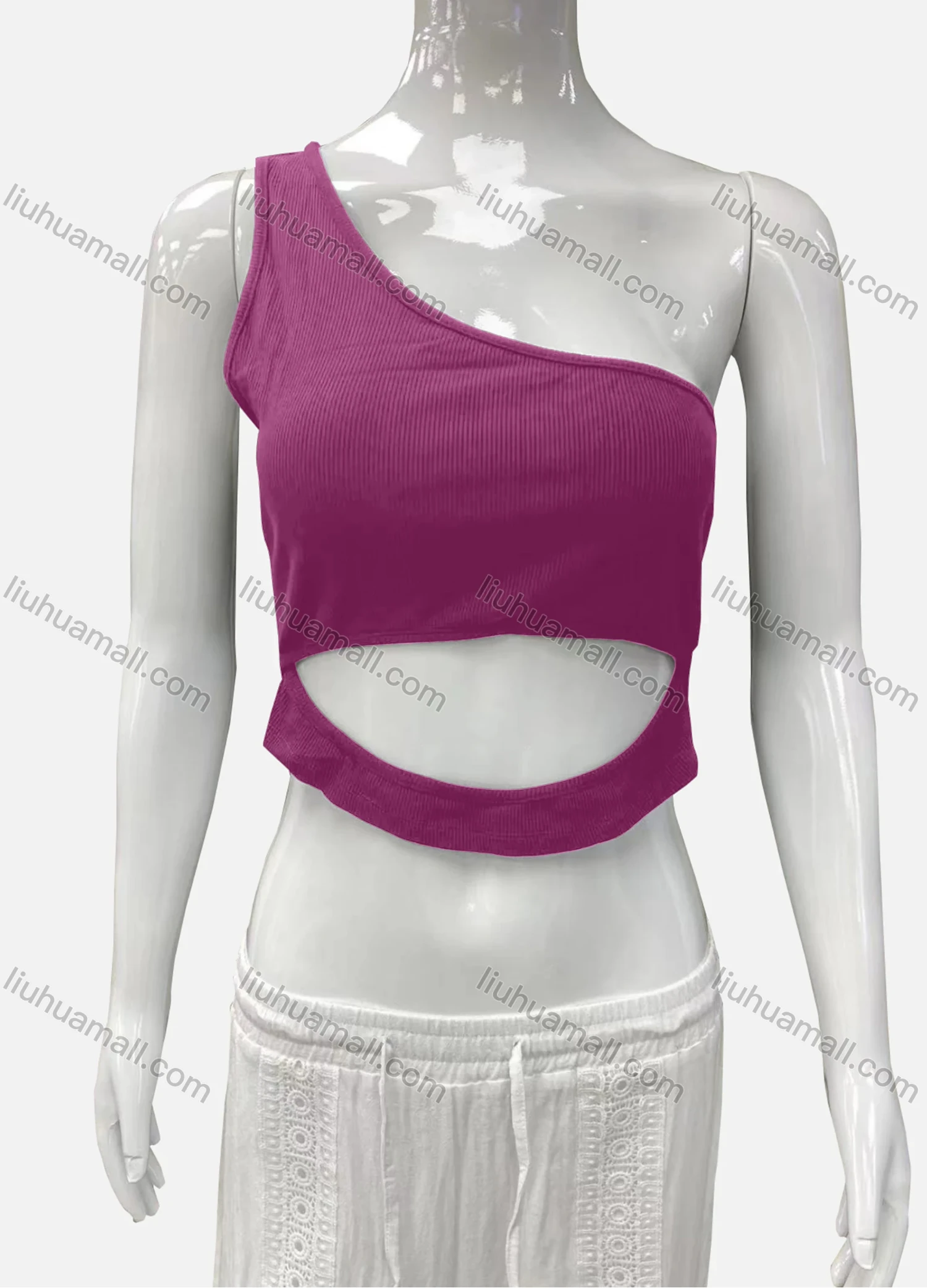 Wholesale Women's Casual One Shoulder Cutout Plain Crop Tank Top - Liuhuamall