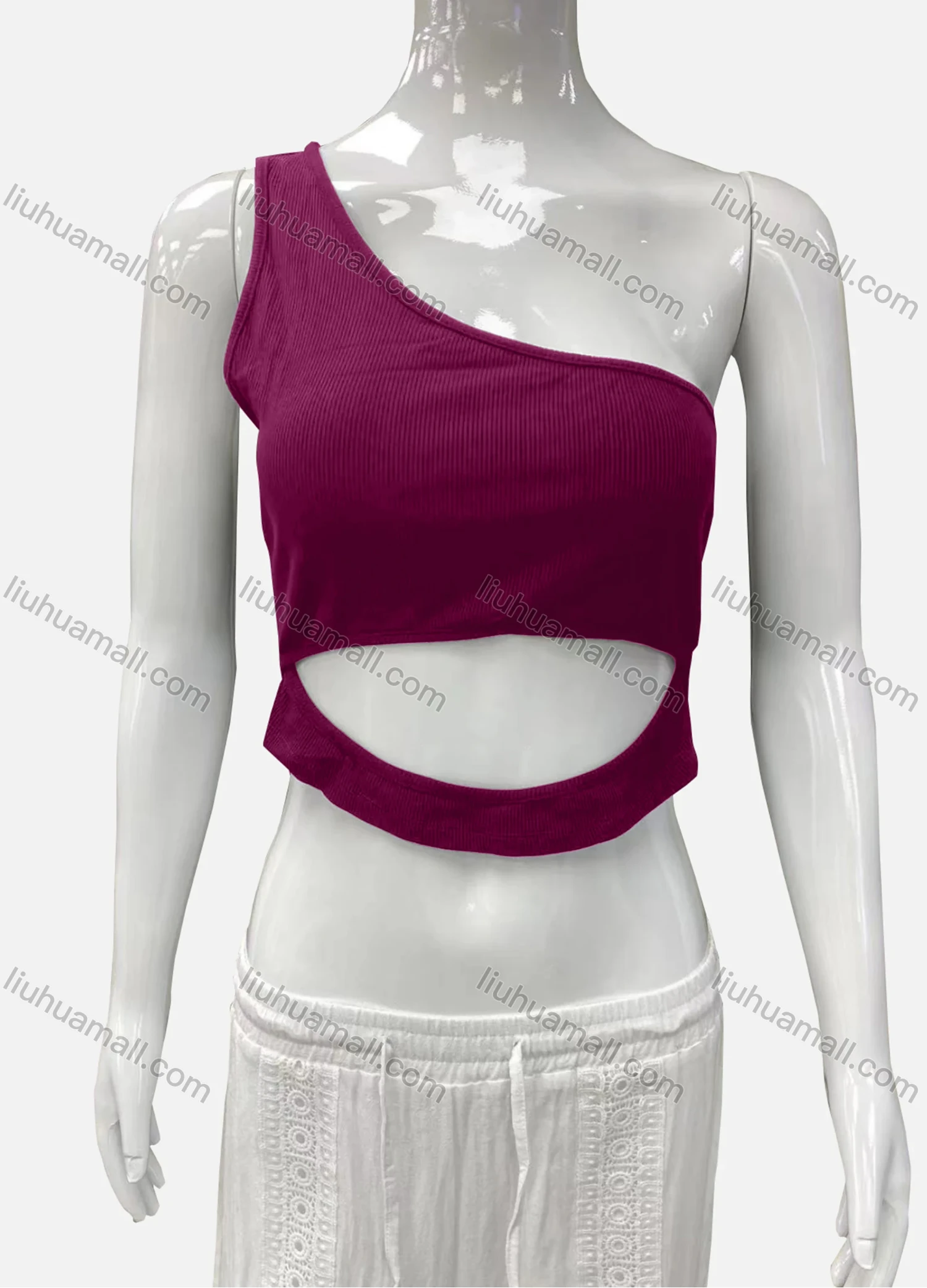 Wholesale Women's Casual One Shoulder Cutout Plain Crop Tank Top - Liuhuamall