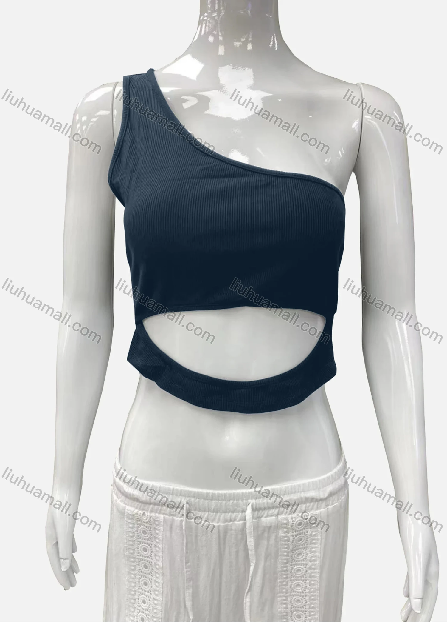 Wholesale Women's Casual One Shoulder Cutout Plain Crop Tank Top - Liuhuamall