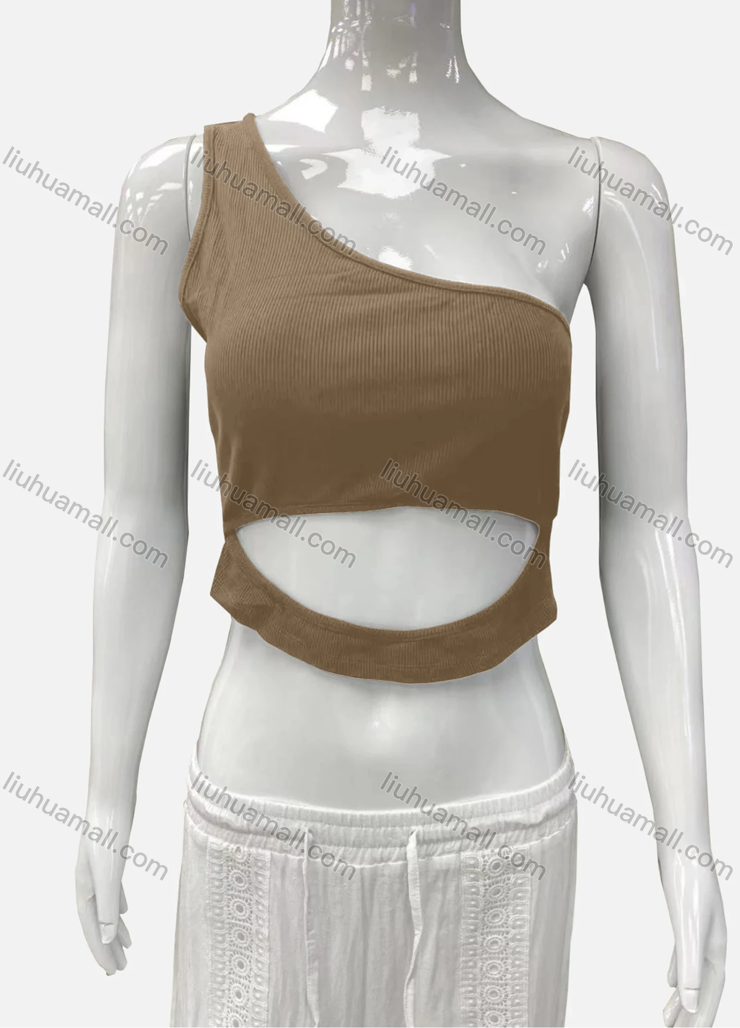 Wholesale Women's Casual One Shoulder Cutout Plain Crop Tank Top - Liuhuamall