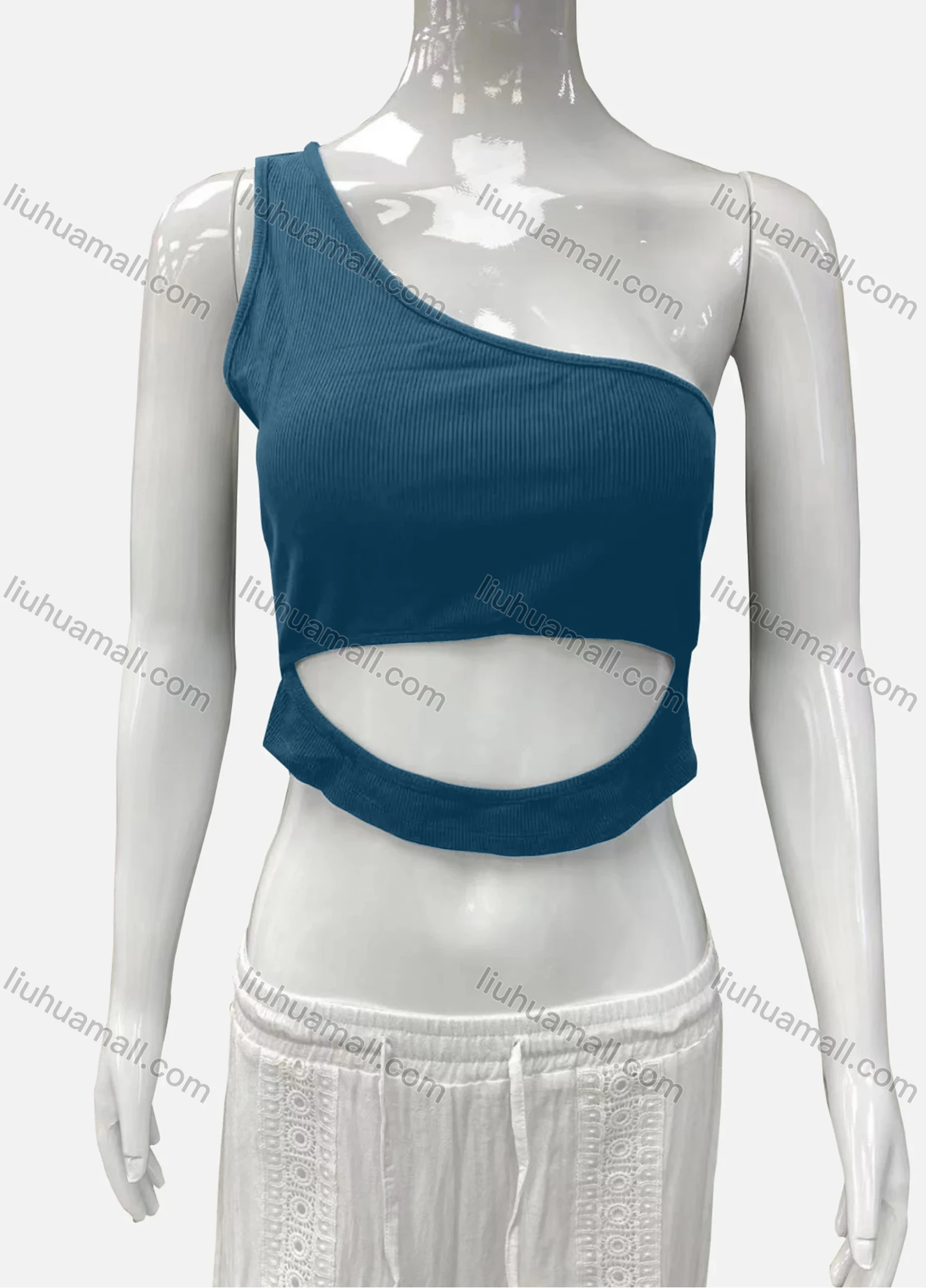 Wholesale Women's Casual One Shoulder Cutout Plain Crop Tank Top - Liuhuamall