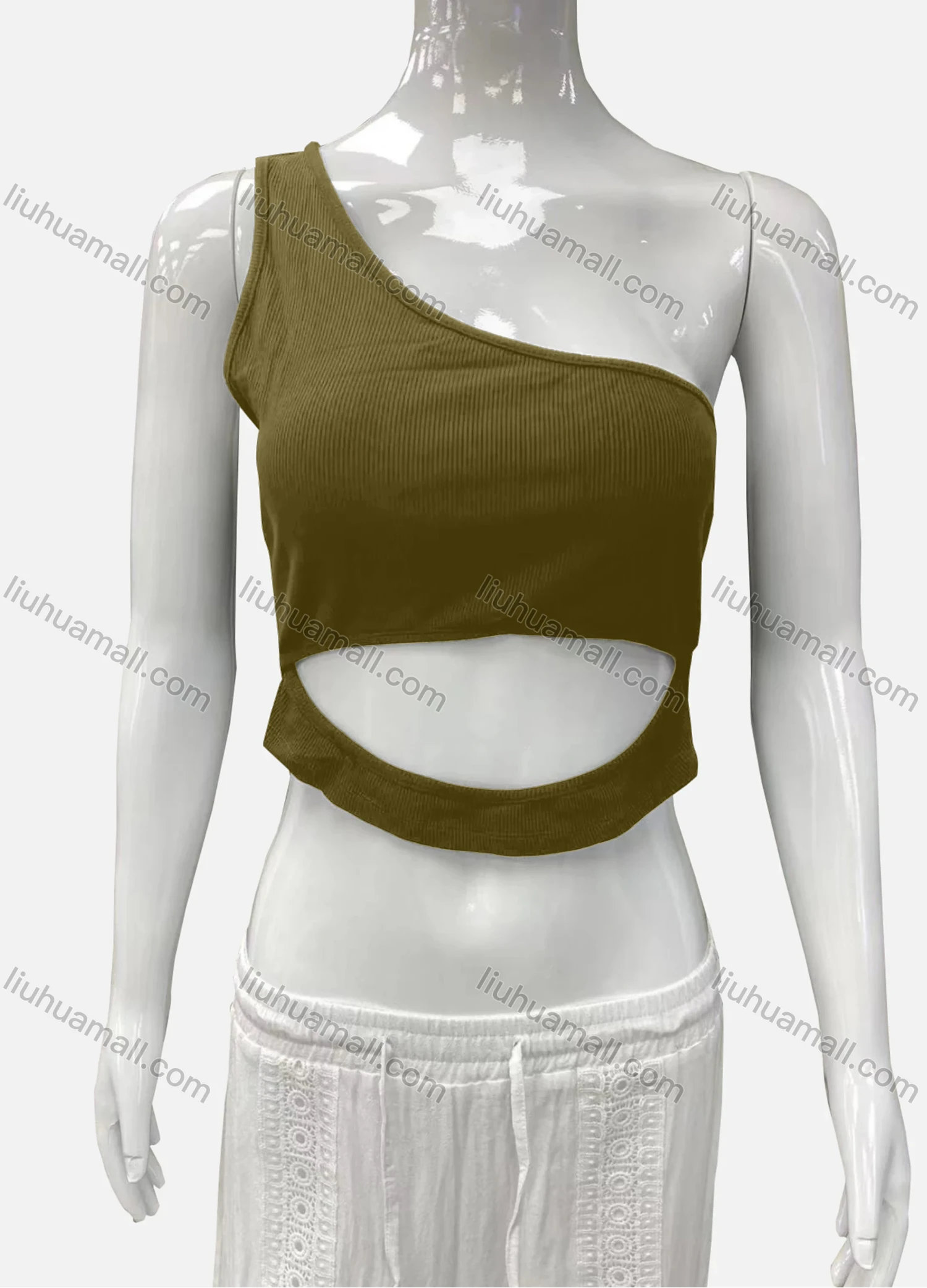 Wholesale Women's Casual One Shoulder Cutout Plain Crop Tank Top - Liuhuamall