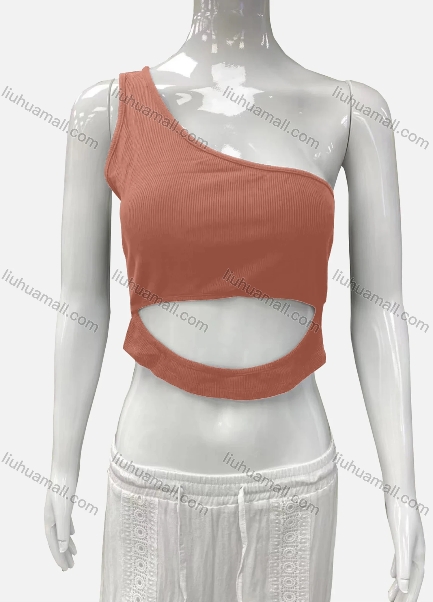 Wholesale Women's Casual One Shoulder Cutout Plain Crop Tank Top - Liuhuamall