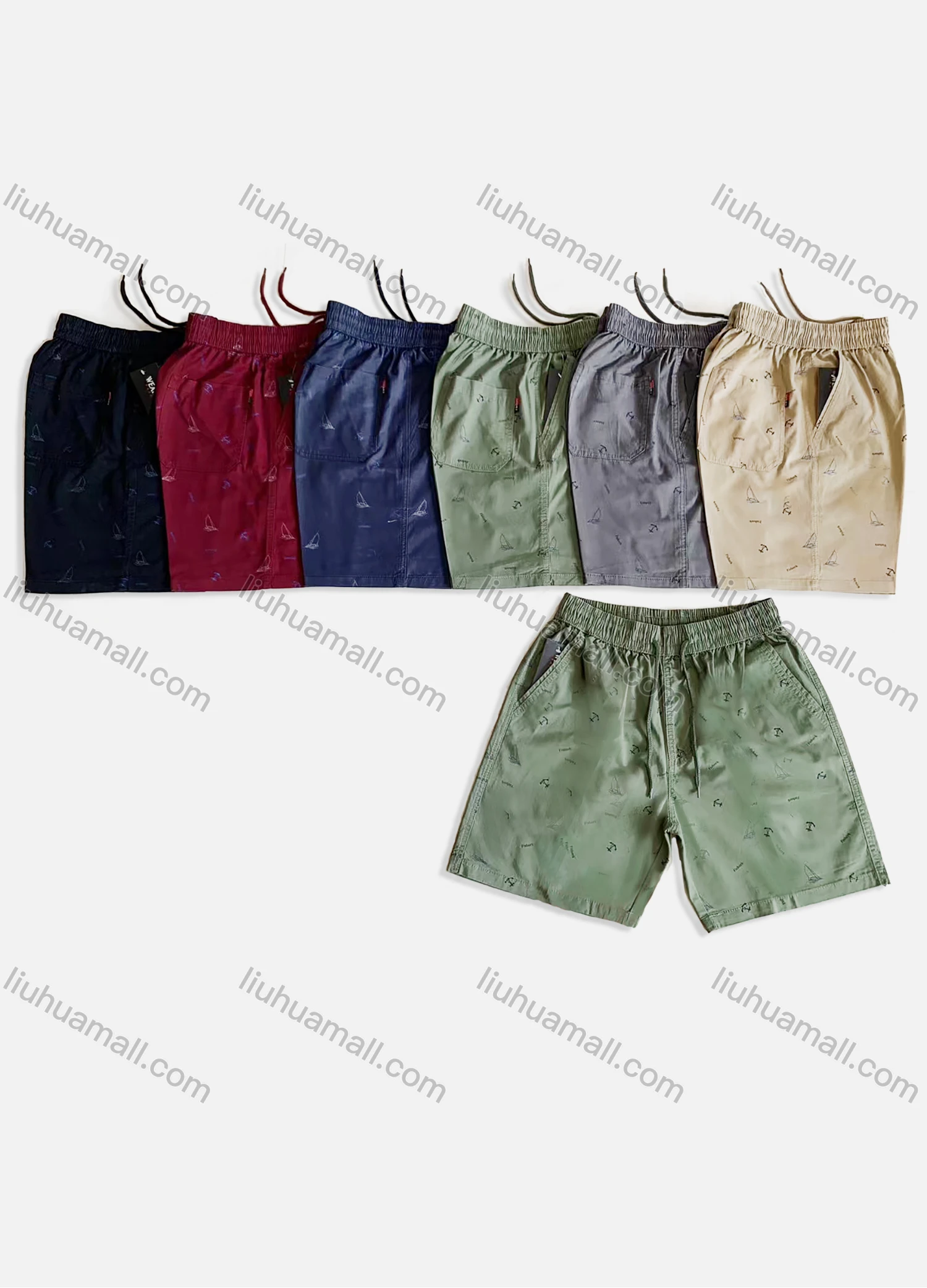 Wholesale Men's Casual Allover Print Drawstring Washed Multiple Pockets Shorts 9953# - Liuhuamall