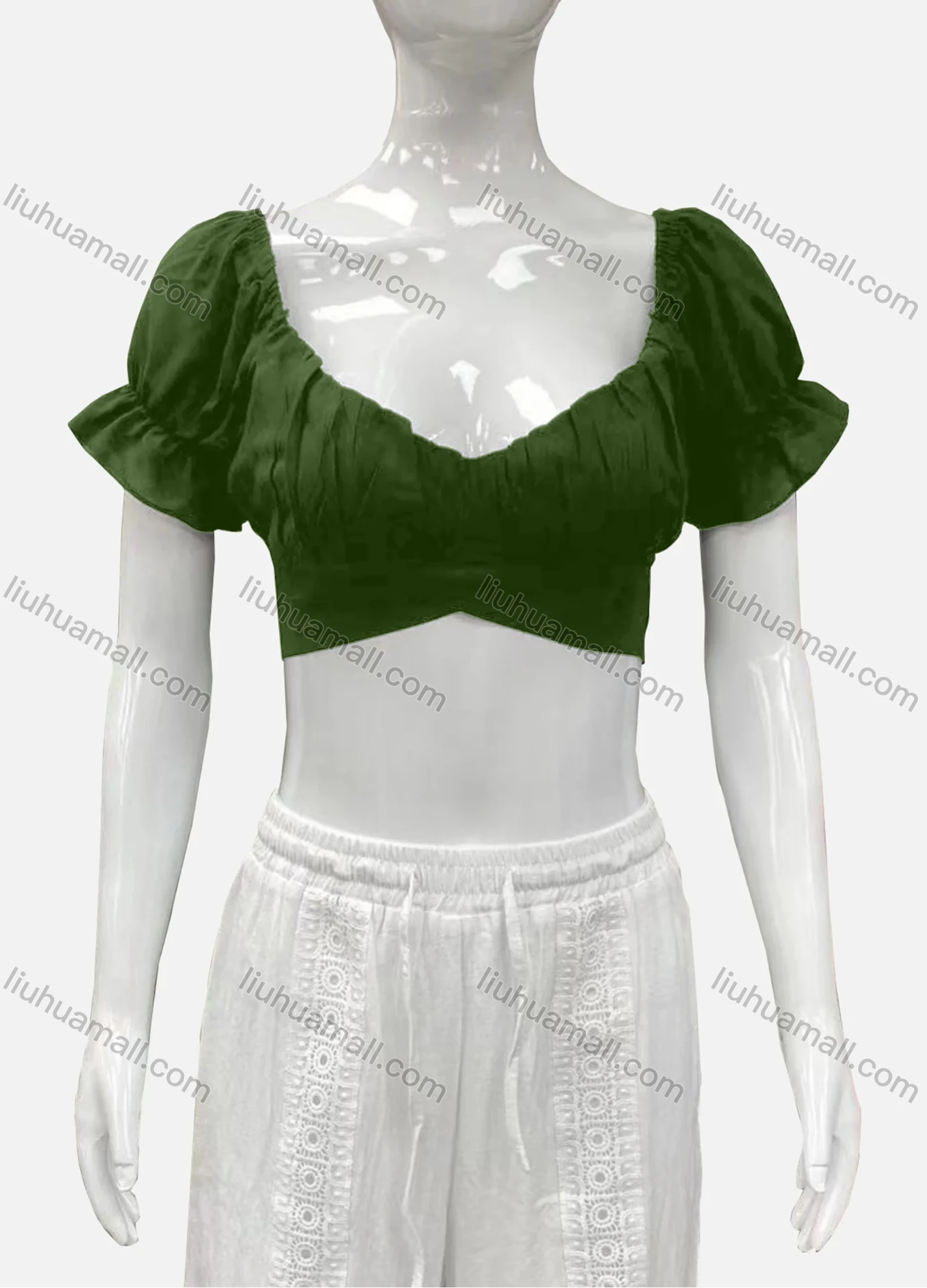 Wholesale Women's Casual Sweetheart Poet Sleeve Wrap Plain Crop Top - Liuhuamall