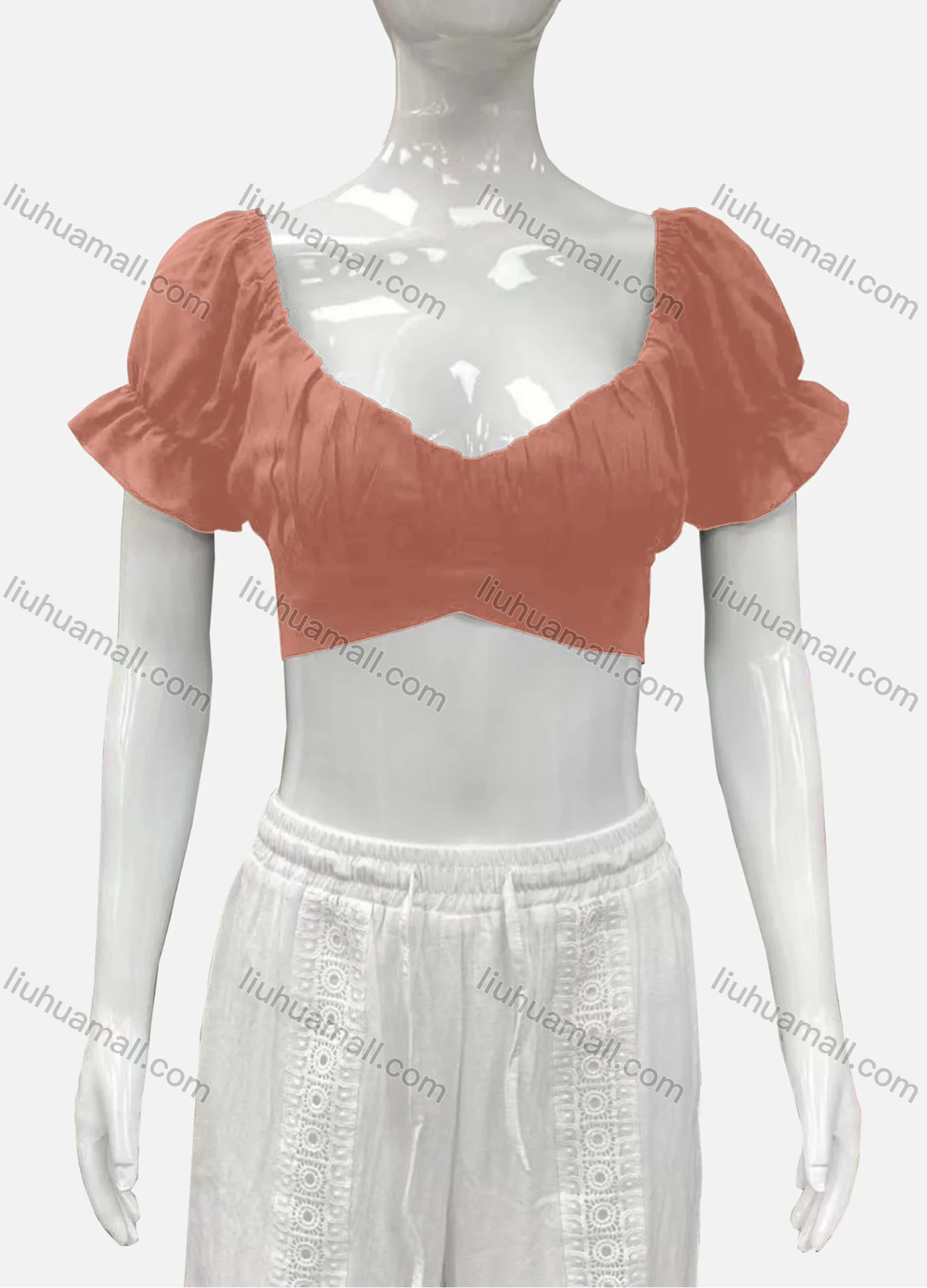 Wholesale Women's Casual Sweetheart Poet Sleeve Wrap Plain Crop Top - Liuhuamall