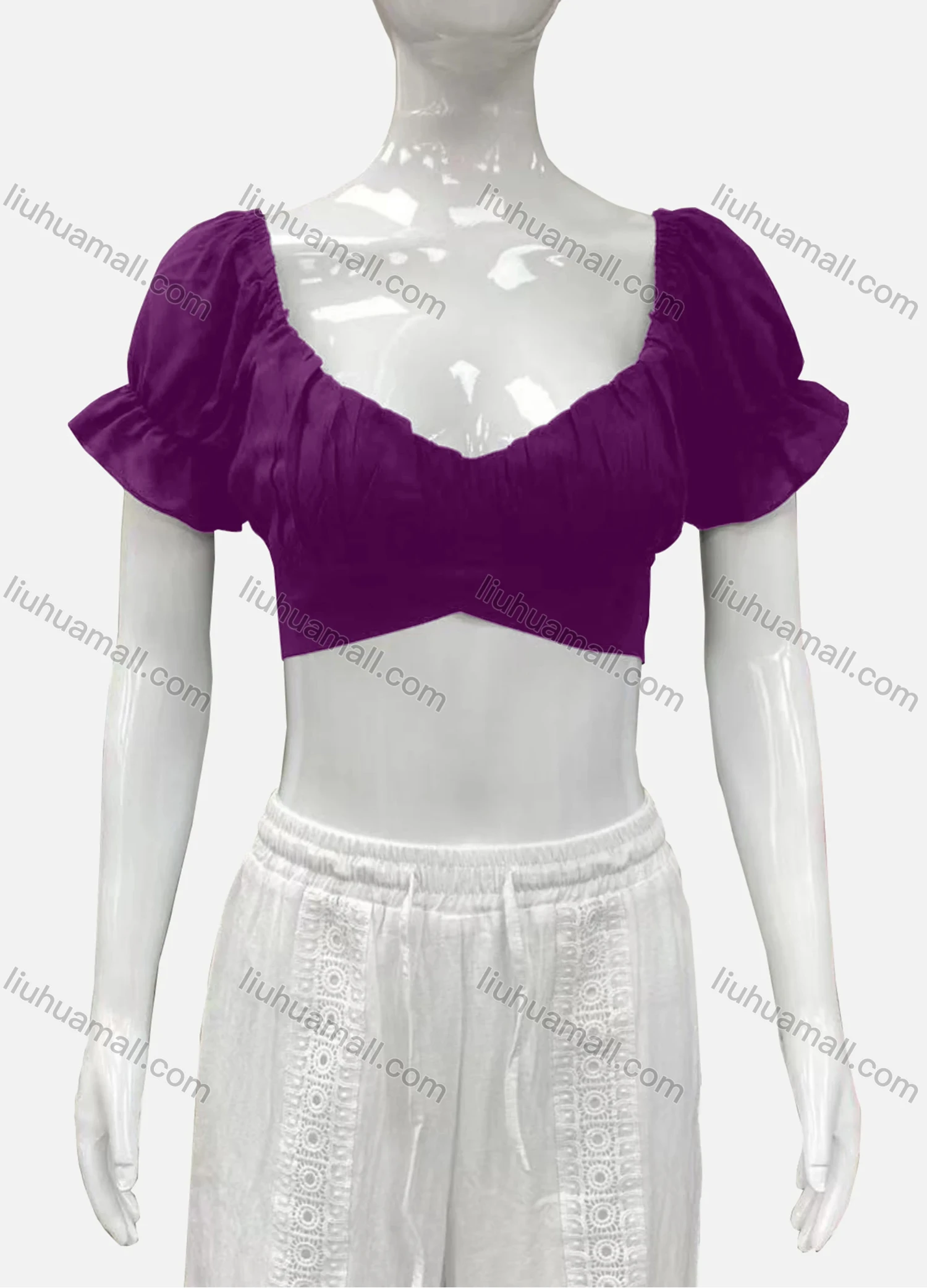 Wholesale Women's Casual Sweetheart Poet Sleeve Wrap Plain Crop Top - Liuhuamall