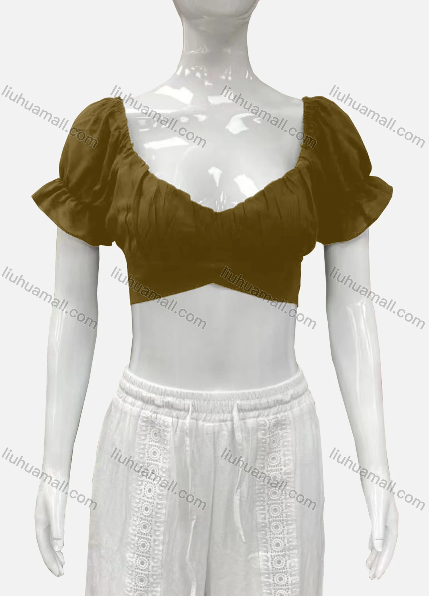 Wholesale Women's Casual Sweetheart Poet Sleeve Wrap Plain Crop Top - Liuhuamall