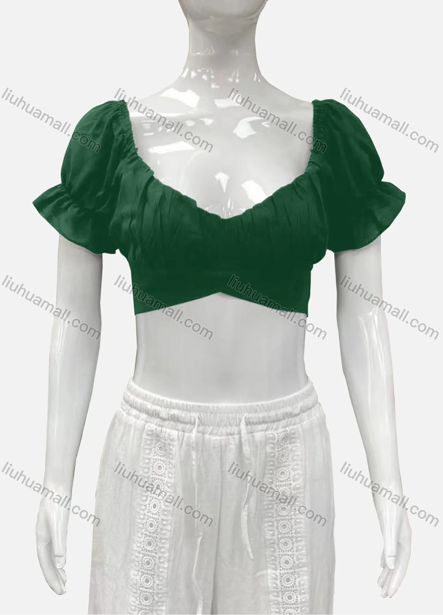 Wholesale Women's Casual Sweetheart Poet Sleeve Wrap Plain Crop Top - Liuhuamall