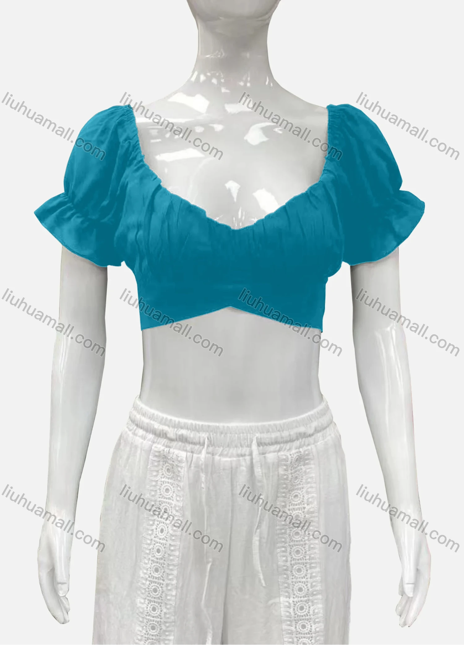 Wholesale Women's Casual Sweetheart Poet Sleeve Wrap Plain Crop Top - Liuhuamall