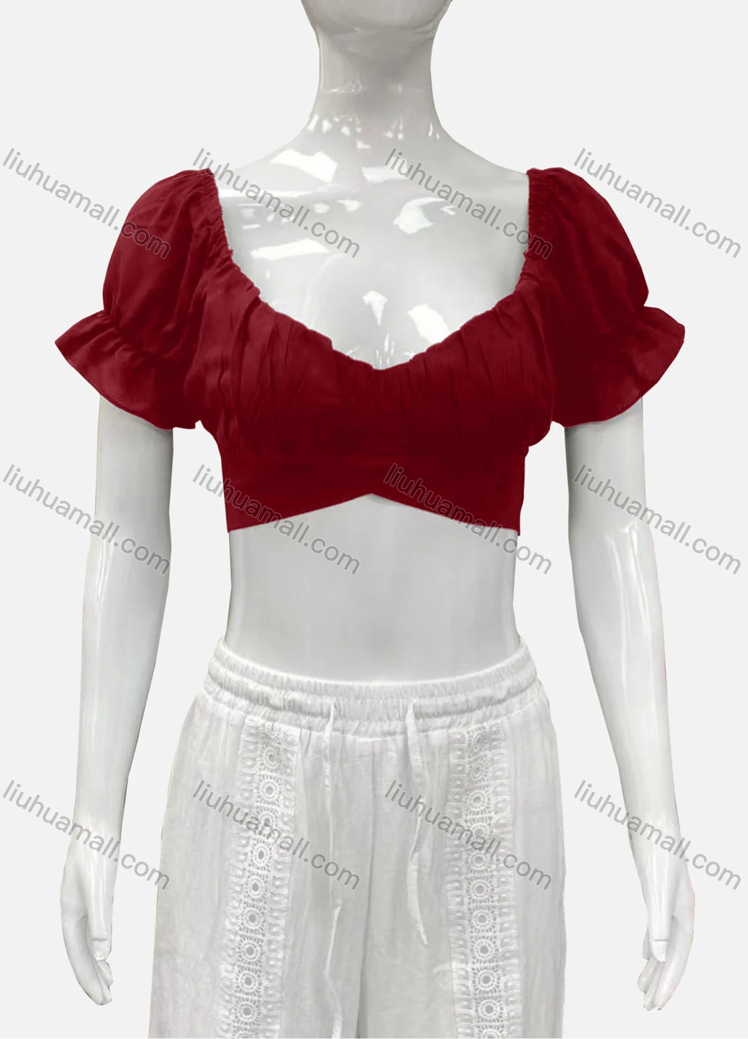 Wholesale Women's Casual Sweetheart Poet Sleeve Wrap Plain Crop Top - Liuhuamall