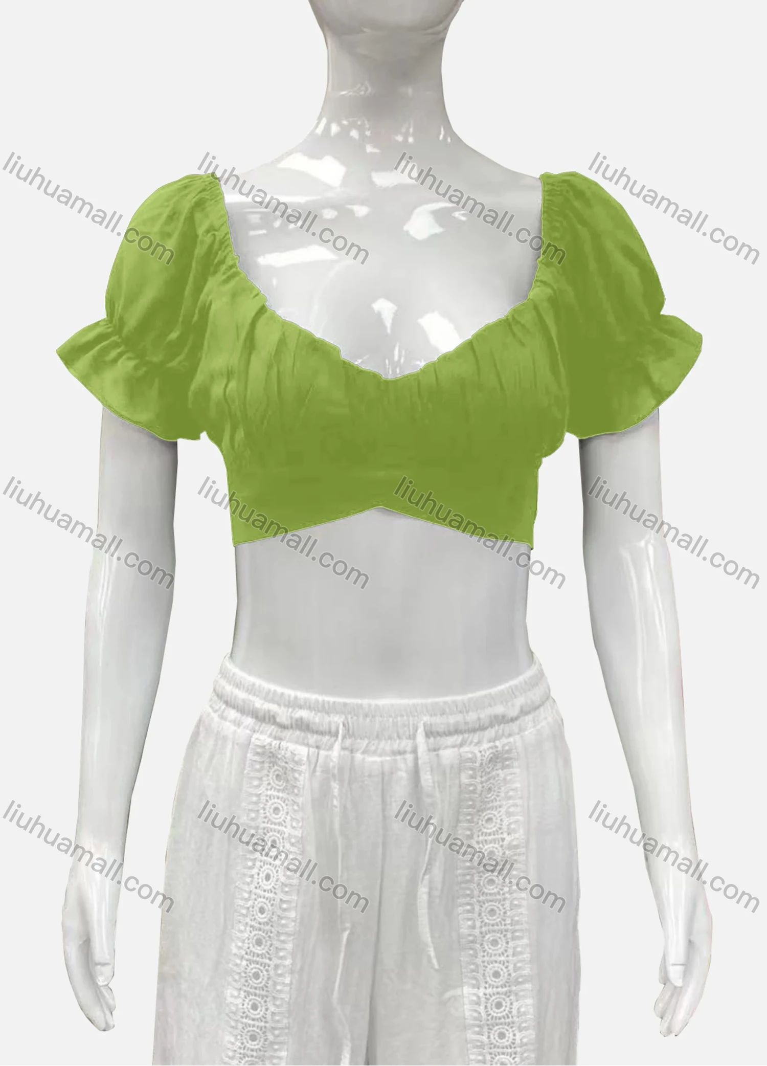 Wholesale Women's Casual Sweetheart Poet Sleeve Wrap Plain Crop Top - Liuhuamall