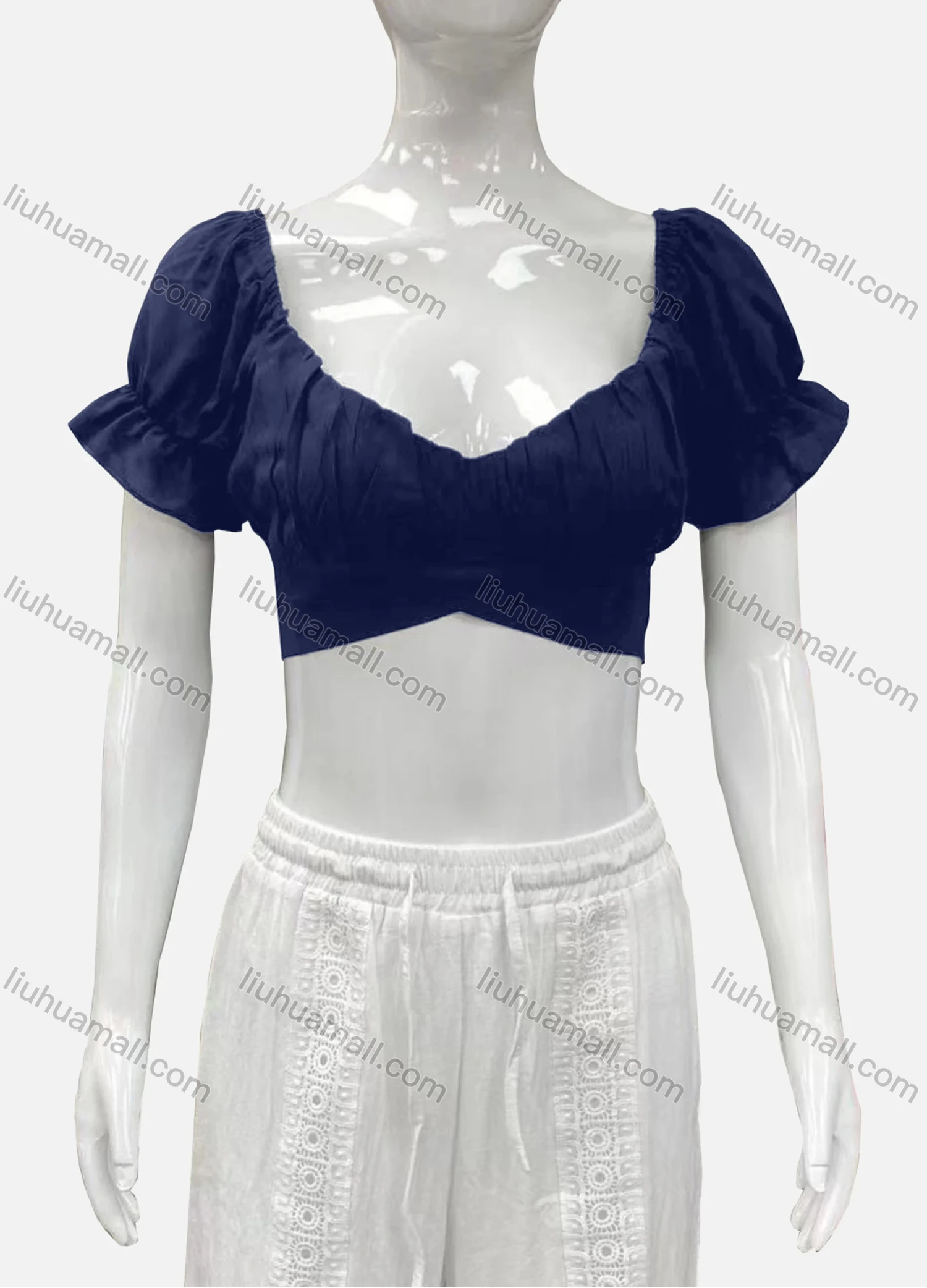 Wholesale Women's Casual Sweetheart Poet Sleeve Wrap Plain Crop Top - Liuhuamall