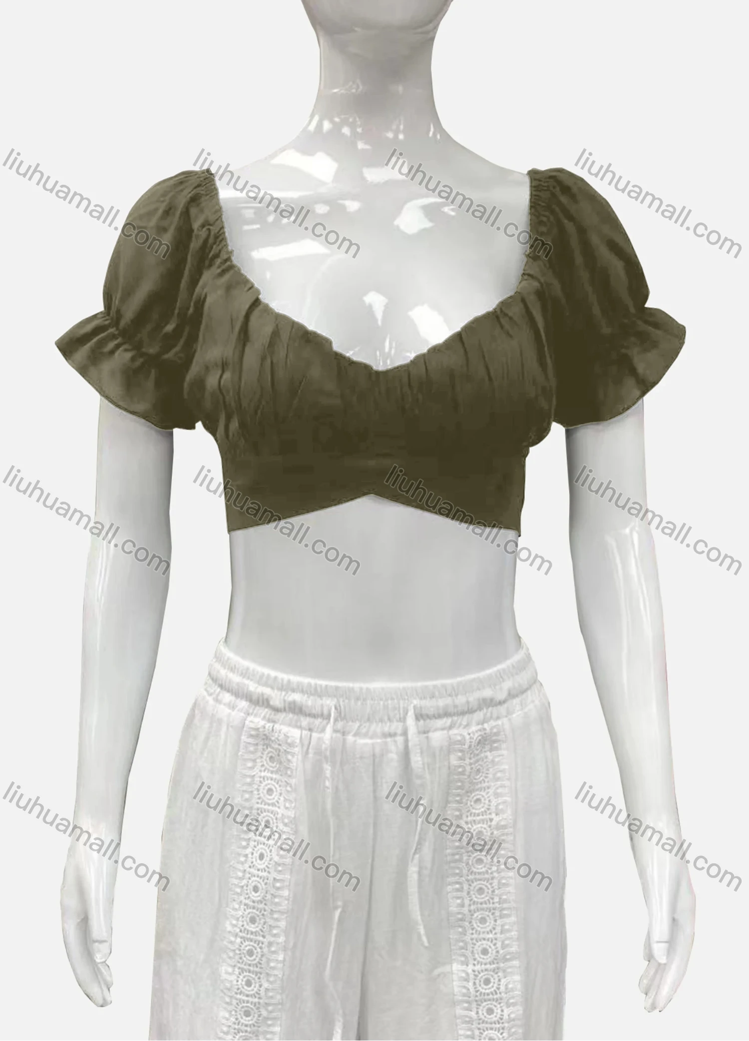 Wholesale Women's Casual Sweetheart Poet Sleeve Wrap Plain Crop Top - Liuhuamall