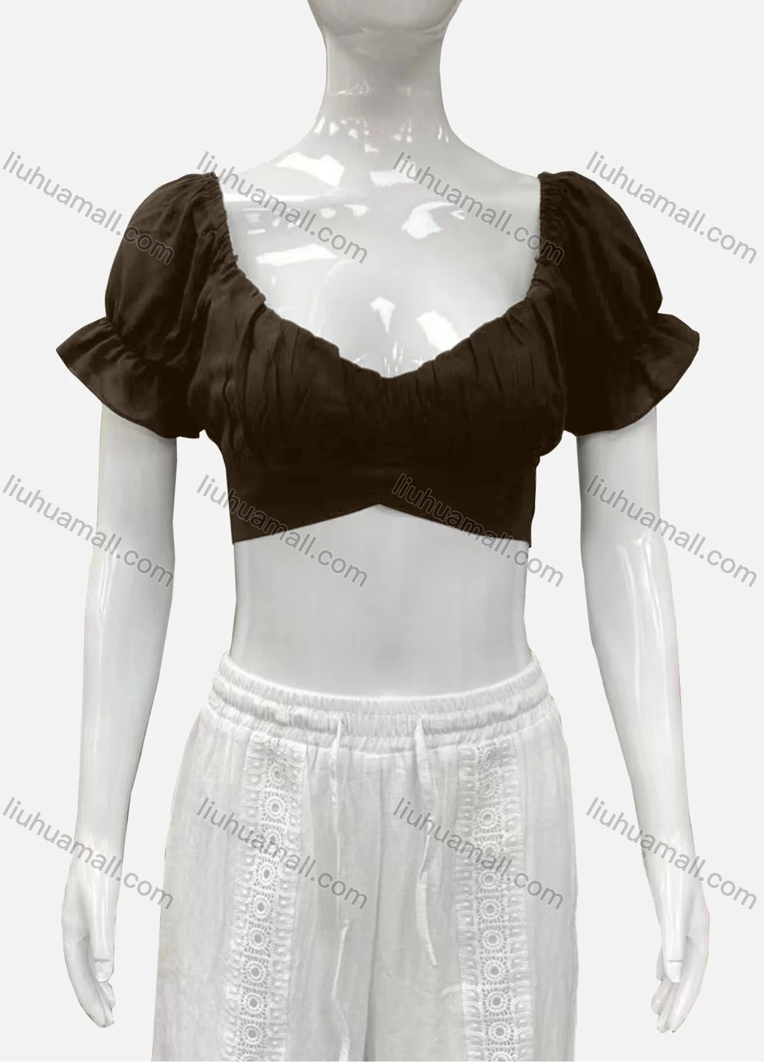 Wholesale Women's Casual Sweetheart Poet Sleeve Wrap Plain Crop Top - Liuhuamall